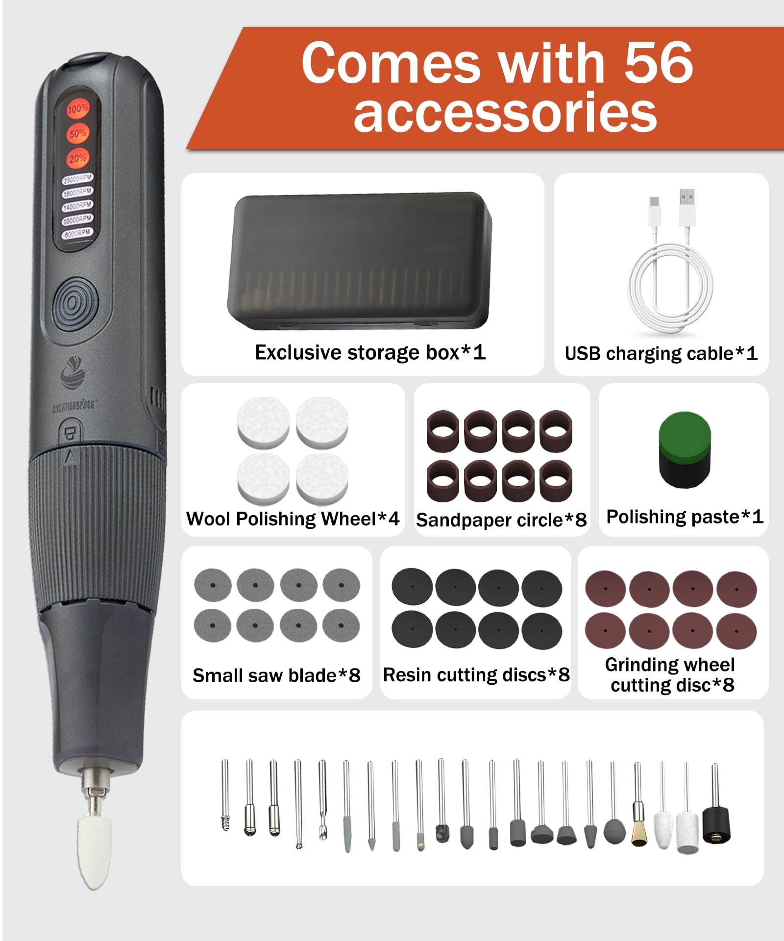 Mini Trapano Elettrico 8V Mini Trapano a Batteria | 5 Velocità (6000-23000RPM) con 56 Accessori | Utensile Rotante Multifunzione per Fai da Te | Luce LED, Ricarica USB-C | Leggero e Compatto