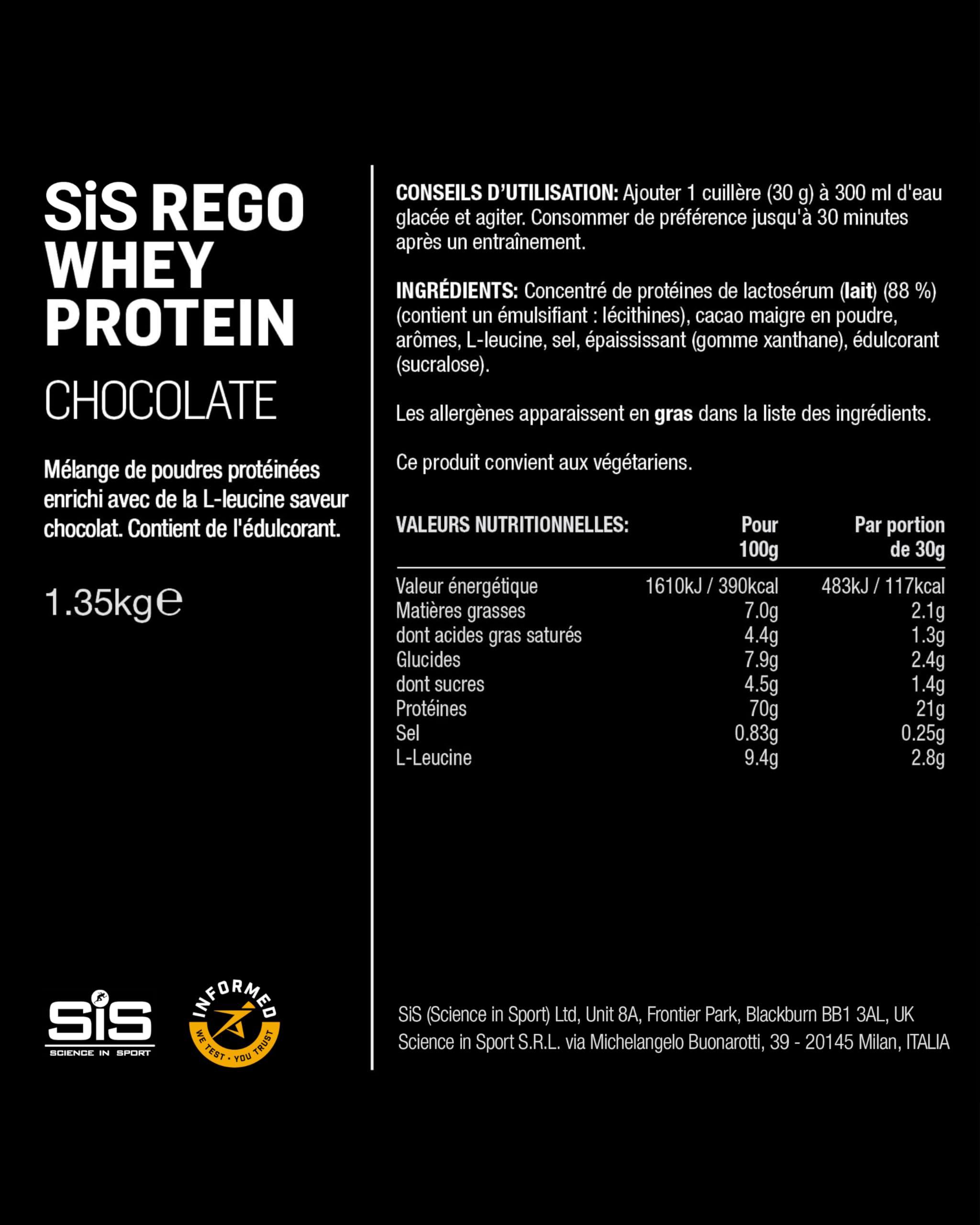 Science in Sport Rego Whey Protein Poudre 1,35kg Chocolat - Poudre récupération avec glucides, protéines, électrolytes, vitamines et minéraux, soutient un entraînement efficace, 100% Whey