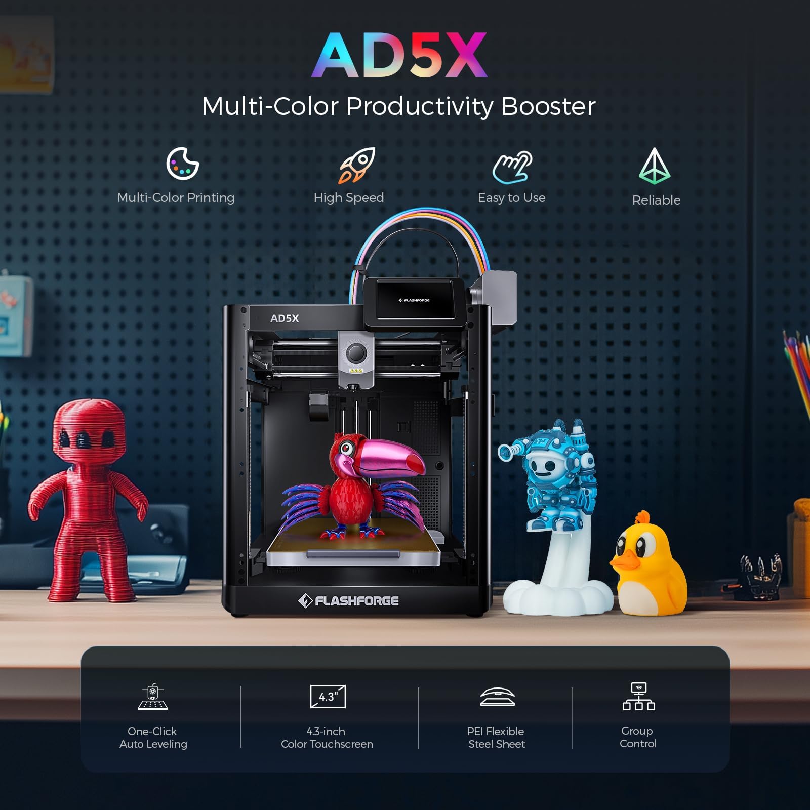 Flashforge AD5X Multicolor-3D-Drucker für Hochgeschwindigkeitsdruck in Vier Farben, maximale Geschwindigkeit 600 mm/s, automatische Nivellierung per Knopfdruck, Multi-Material-3D-Drucker mit IFS