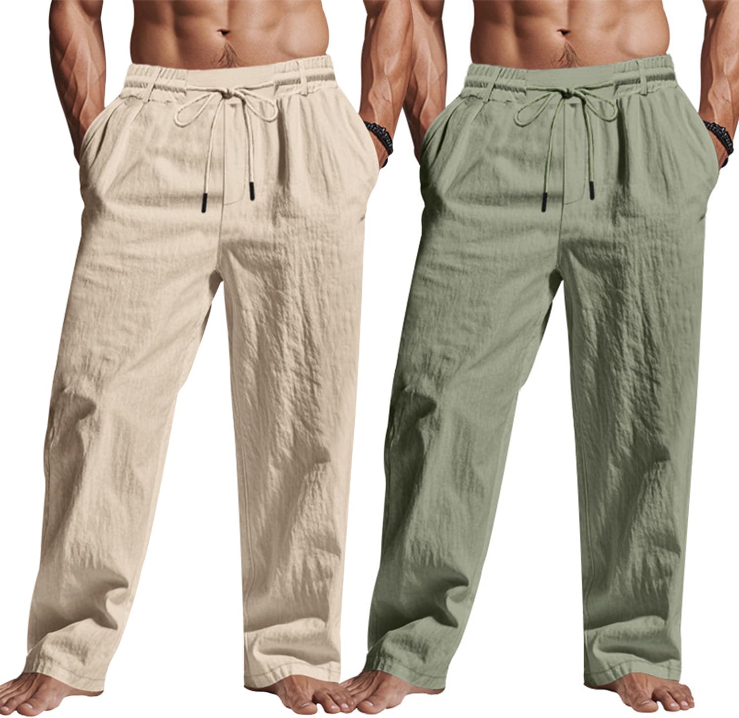 Men's Linen Pants Lightweight Drawstring Elastic Waist Pockets Loose Fit Straight Legs Summer Beach Yoga