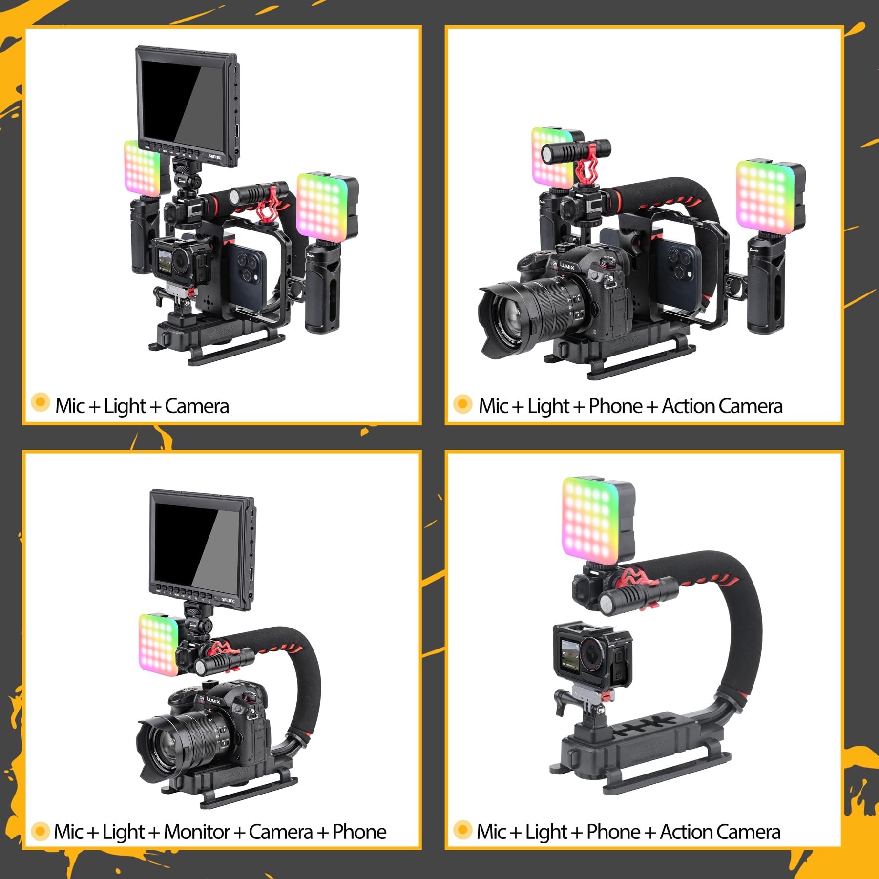 Zeadio Kit stabilizzatore per fotocamera per smartphone, portatile con supporto video portatile con gabbia in alluminio Smarphone, luce video RGB e microfono per tutte le fotocamere DSLR, ecc