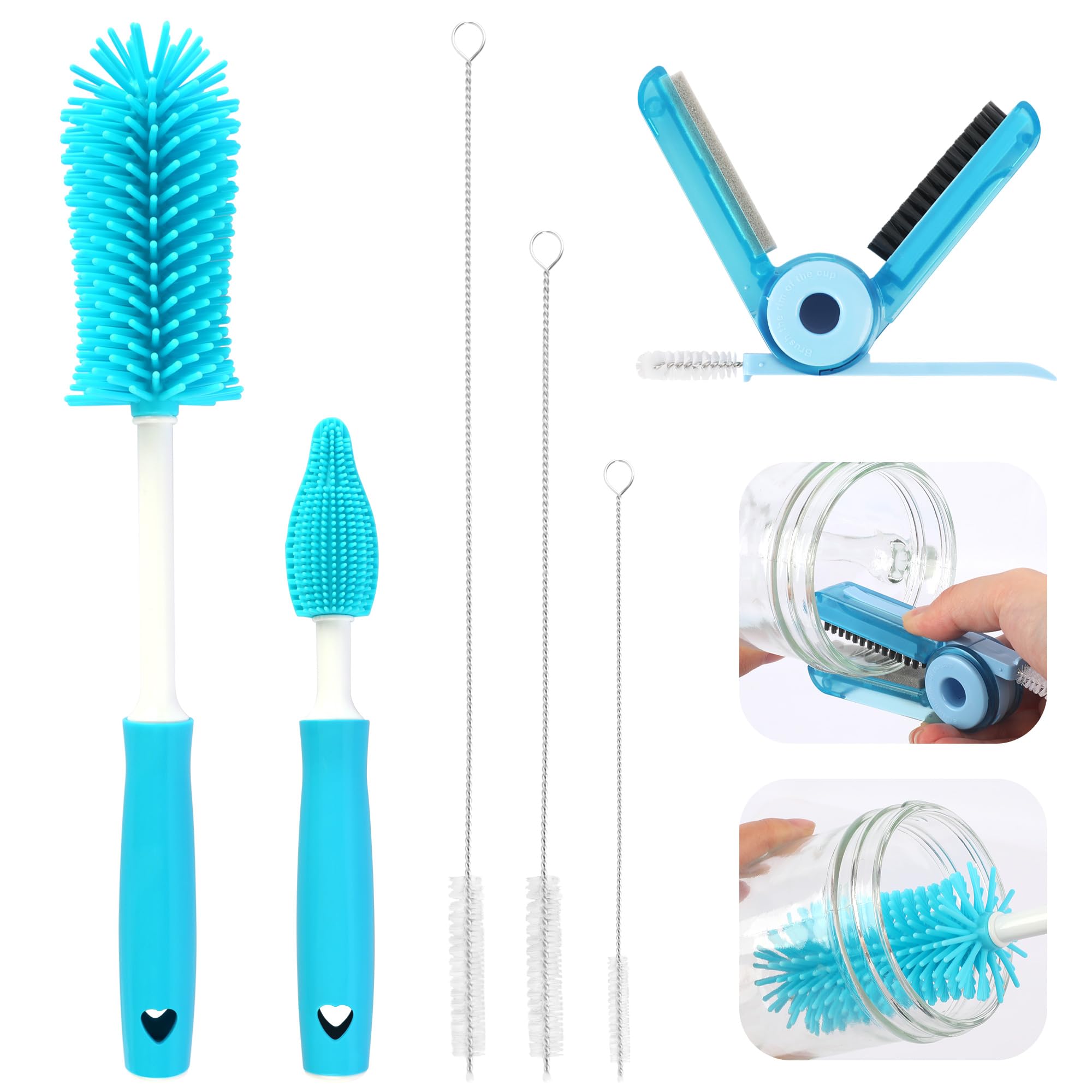 Sosmar 6 Pack Water Bottle Cleaner, Stanley Cup Cleaner Brush Kit with Long Silicone Bottle Brush, 3 Size Straw Cleaner Brush, 4 in 1 Bottle Gap
