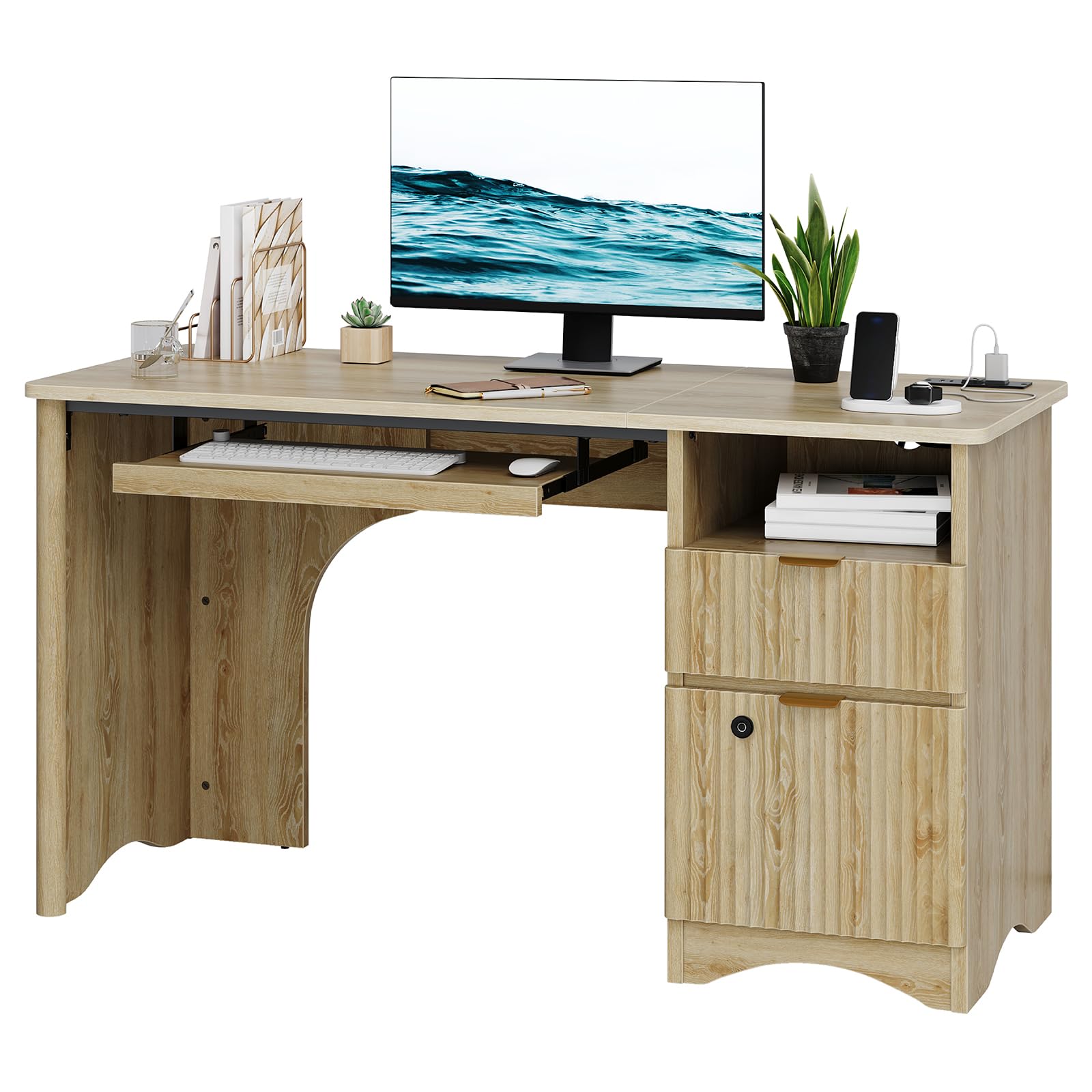 Bestier 55 Inch Desk with Fingerprint Lock, Charging Station, and Keyboard Tray