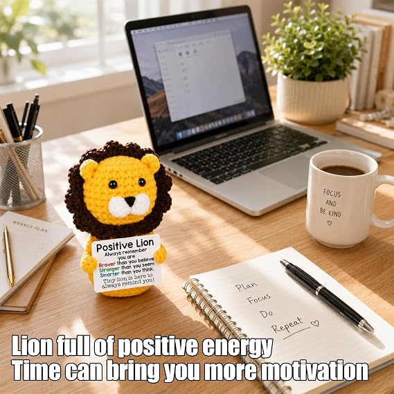 Positive Lion Crochet Animals, Good Luck Have Fun Crochet Animal, Yellow Lion Teddy Bear, Positive Gifts for Home Decor, Handmade Knitted Lion Plush