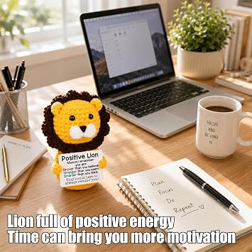 Positive Lion Crochet Animals, Good Luck Have Fun Crochet Animal, Yellow Lion Teddy Bear, Positive Gifts for Home Decor, Handmade Knitted Lion Plush