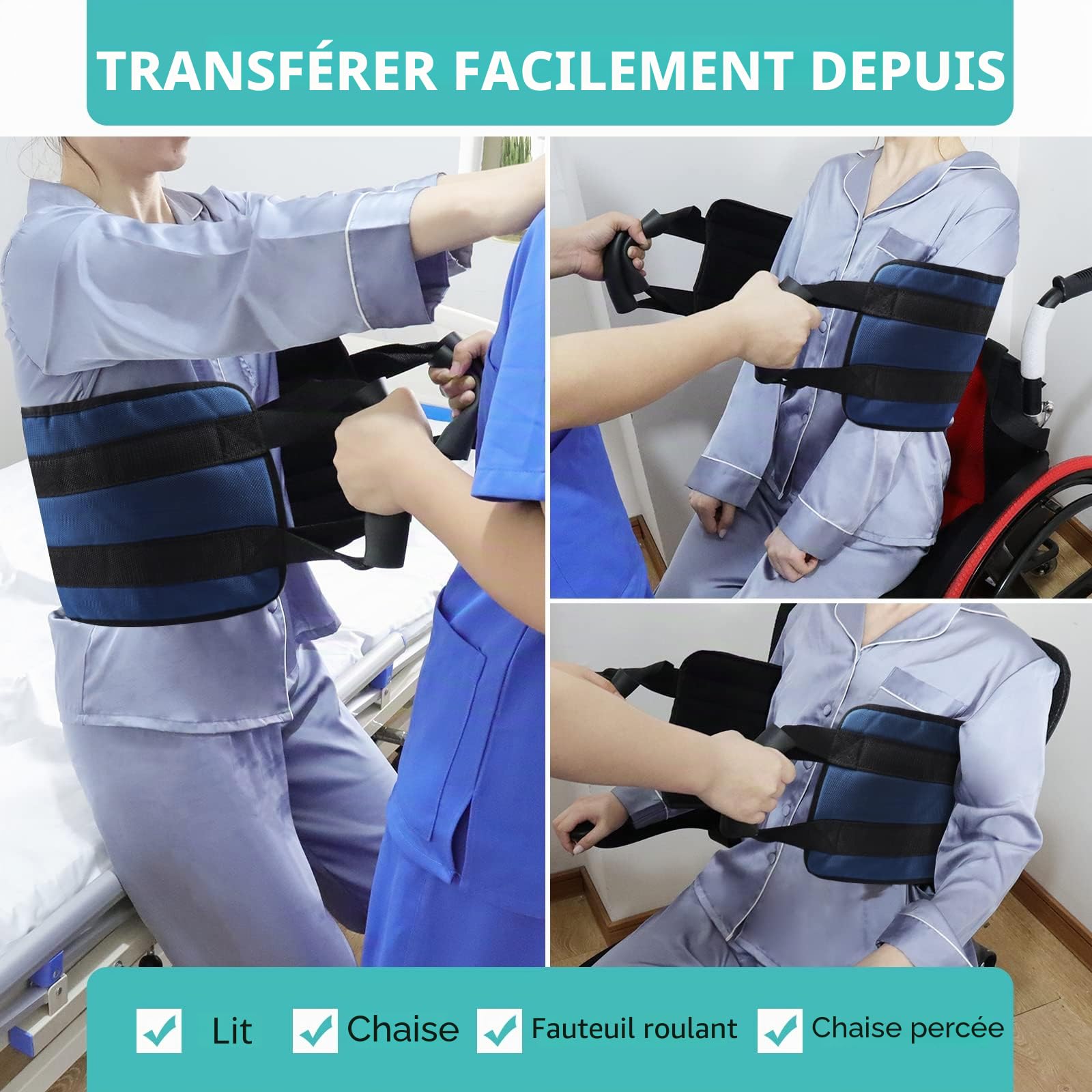 [LOSCHEN] Ceinture de transfert de 110 cm pour patients, ceinture de transfert de lit rembourrée pour handicapés, personnes âgées, fauteuil roulant, lit (bleu)