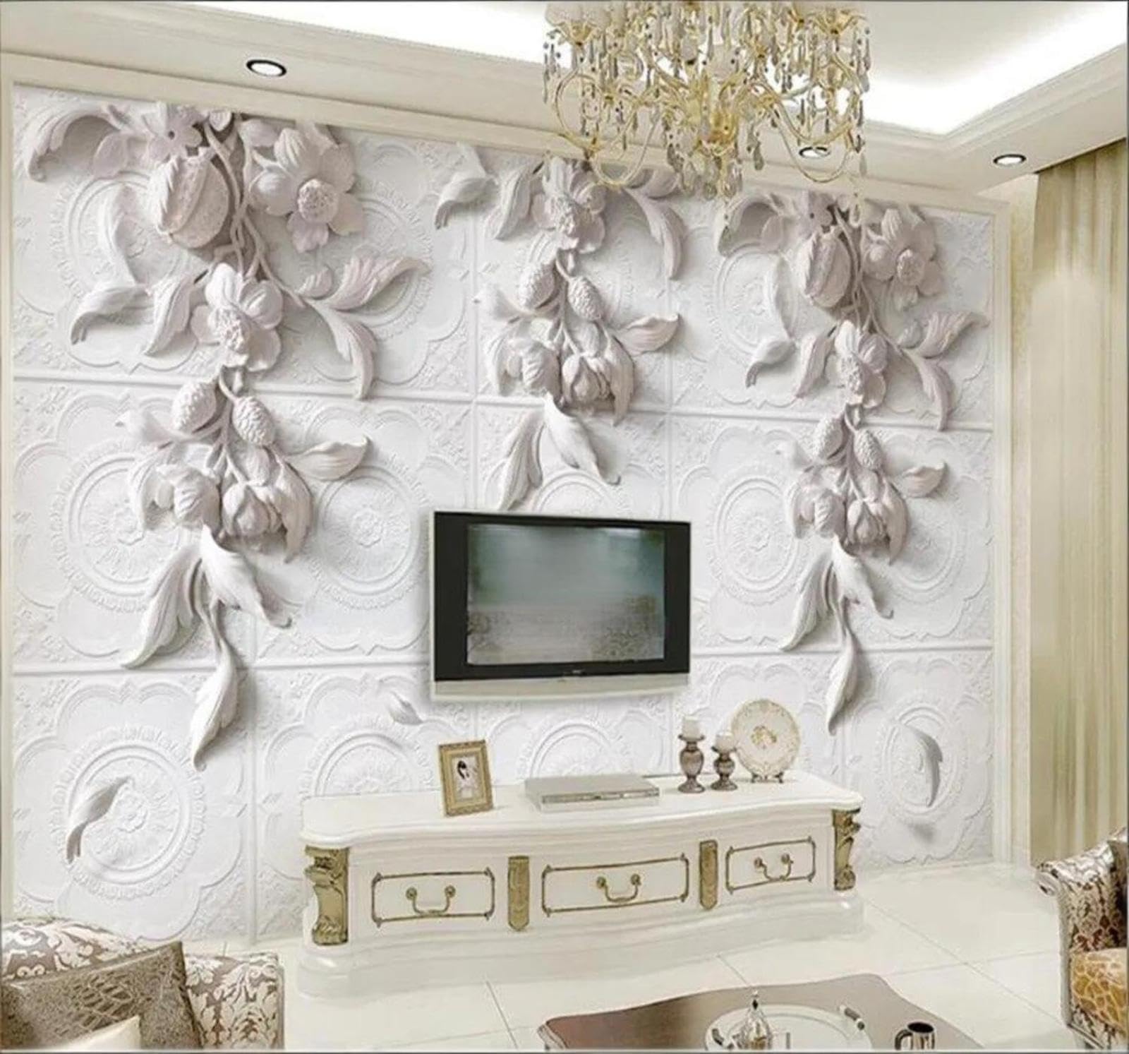 Tzxztt Elegant Minimalist Plaster Carving Relief Plants Modern 3D Wallpaper Premium Textured Silk Neutral Tones Material Ideal for Living Room Bedroom-250cm×170cm