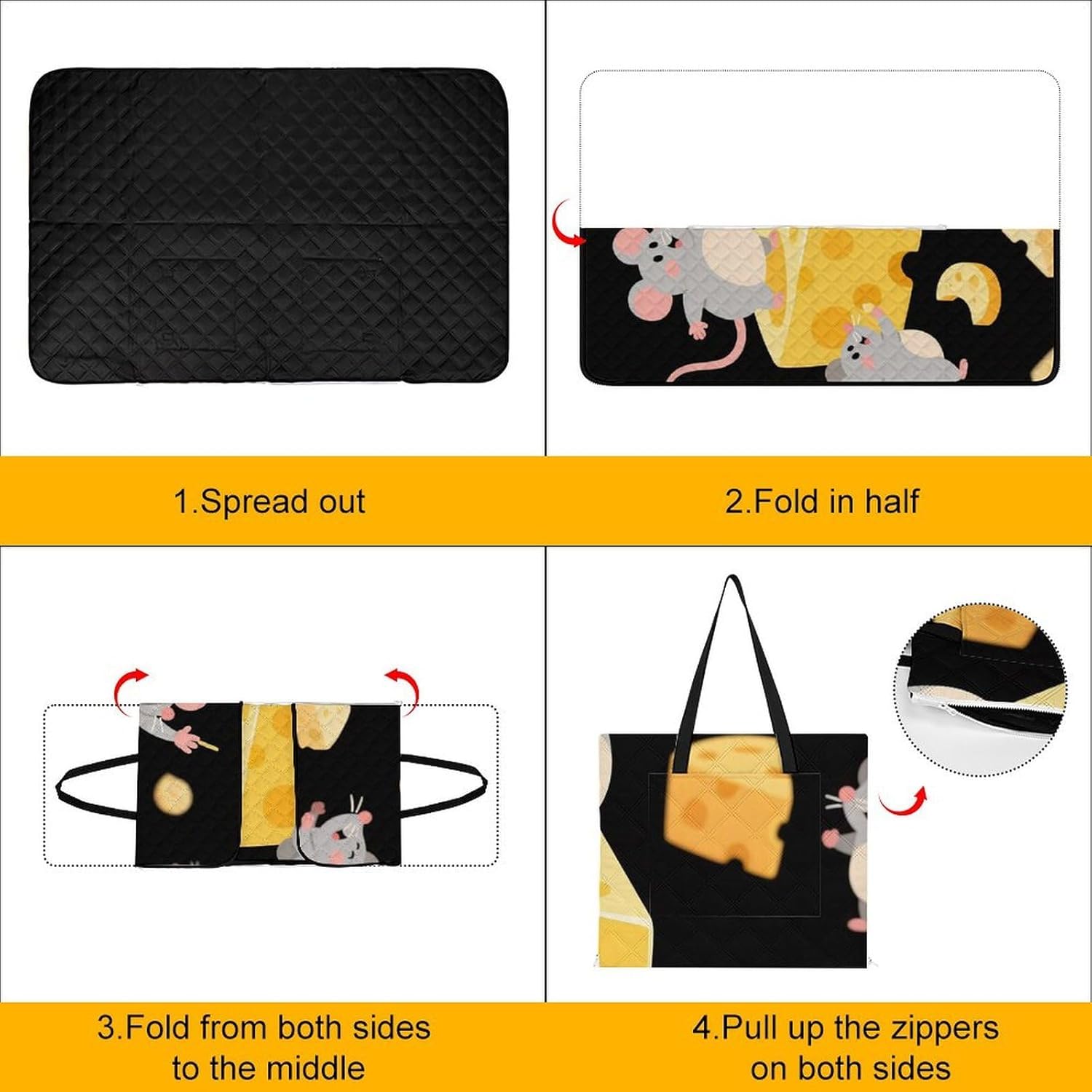 Cute Mouse Cheese Picnic Blanket 150x100cm, Foldable 2-in-1 Picnic Mat and Tote Bag Portable Waterproof Beach Mat Sandproof Outdoor Blanket for Park, Hiking, Beach, Camping, Travel