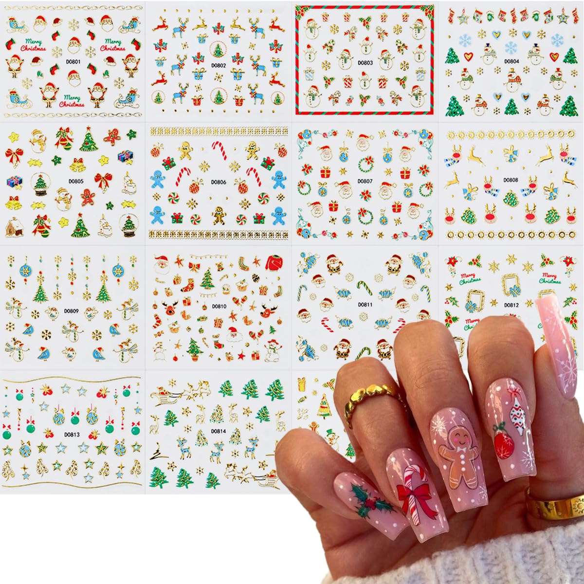 15 Sheets Christmas Nail Stickers - Snowman, Santa Claus & Winter Xmas Designs - 3D Self-Adhesive Nail Art Decals for Women