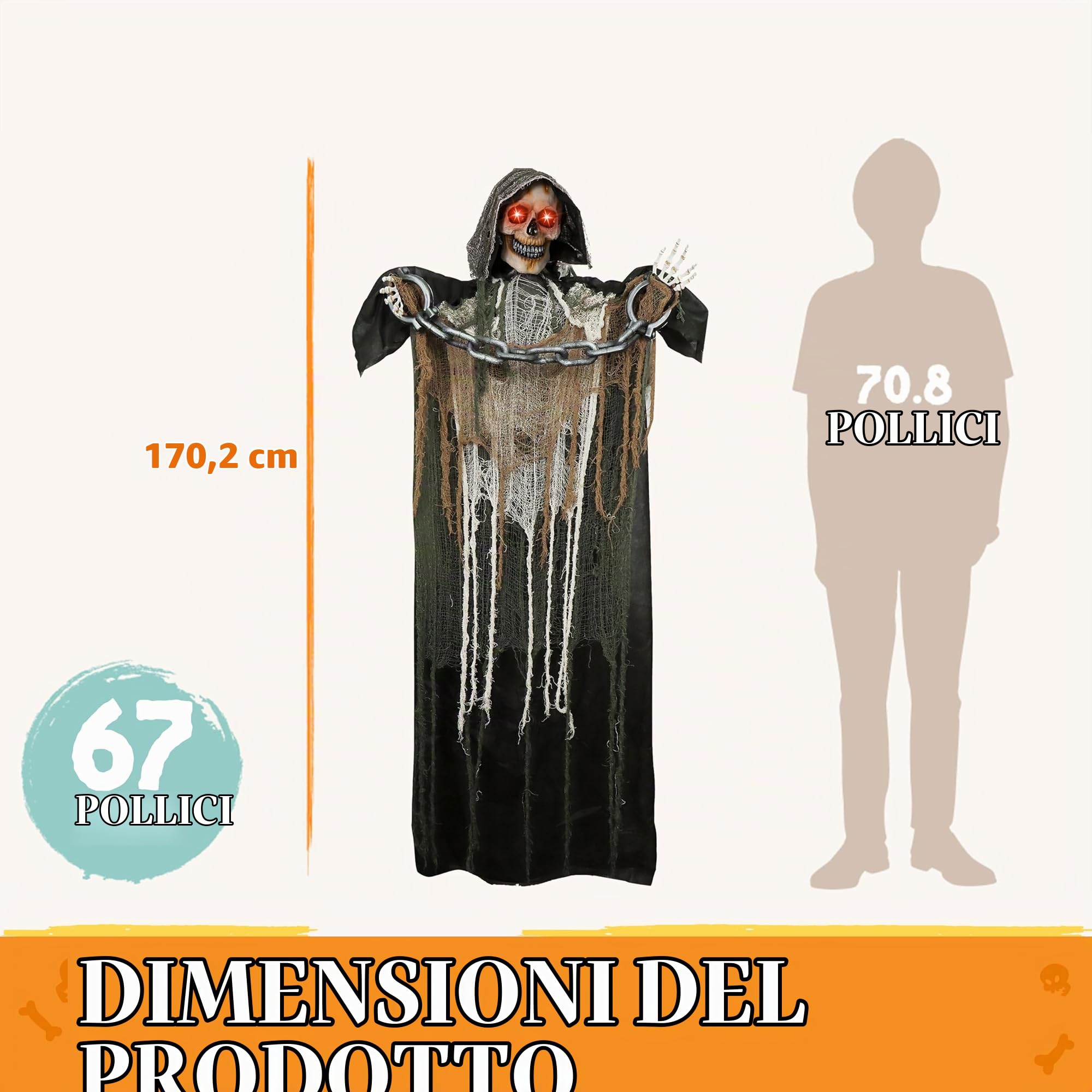 JOYIN 175cm Decorazione animata di Grim Reaper di Halloween con catena, scheletro a grandezza naturale con occhi illuminati Suono raccapricciante