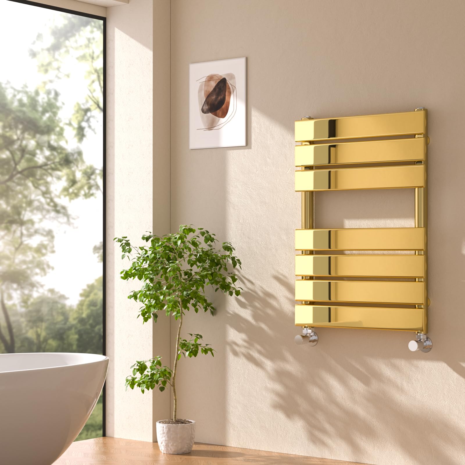 EMKE Towel Radiator Bathroom Heated Towel Rail 650 x 450 mm, Flat Panel Rail Versatile Wall/Floor Mounted Bathroom Radiators Gold