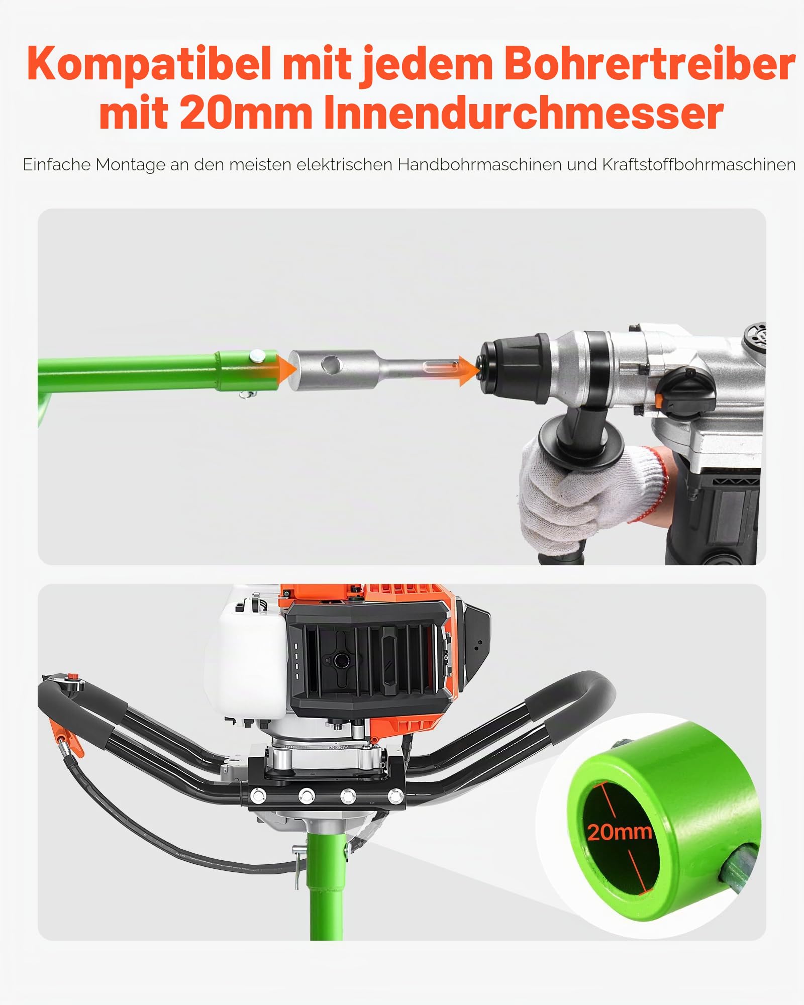 VEVOR Erdbohrer für Bohrmaschine, Ø 60x790 mm Gartenbohrer, kompatibel mit Bohrern mit 20 mm Innendurchmesser,Pfahlbohrer, Pfostenloch-Bohraufsätze für Gartenbagger und Zäune