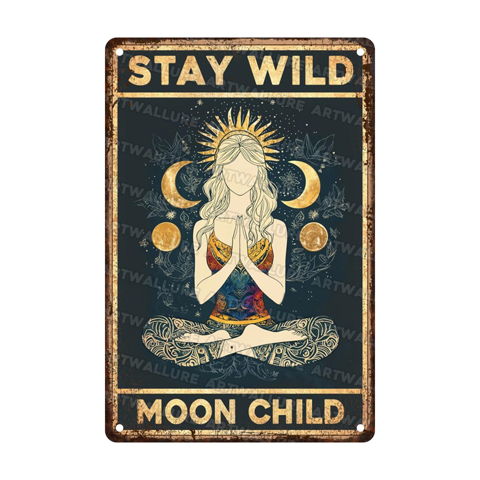 Vintage Metal Tin Sign Stay Wild Moon Child Sign Moon Wall Art Hippie Room Yoga Wall Art Decor For Women Meditation Room Decor Bedroom Living Room 8x12inch