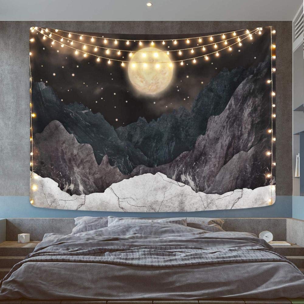 Arazzo Da Parete,Paesaggio Notturno Arazzo Da Parete Grande Luna E Nuvole Bianche Su Semplice Modello Di Lago Blu Wall Art Natura Decorazione Da Parete Per Decorateliving, Apartment, 51.2X59.1Inch