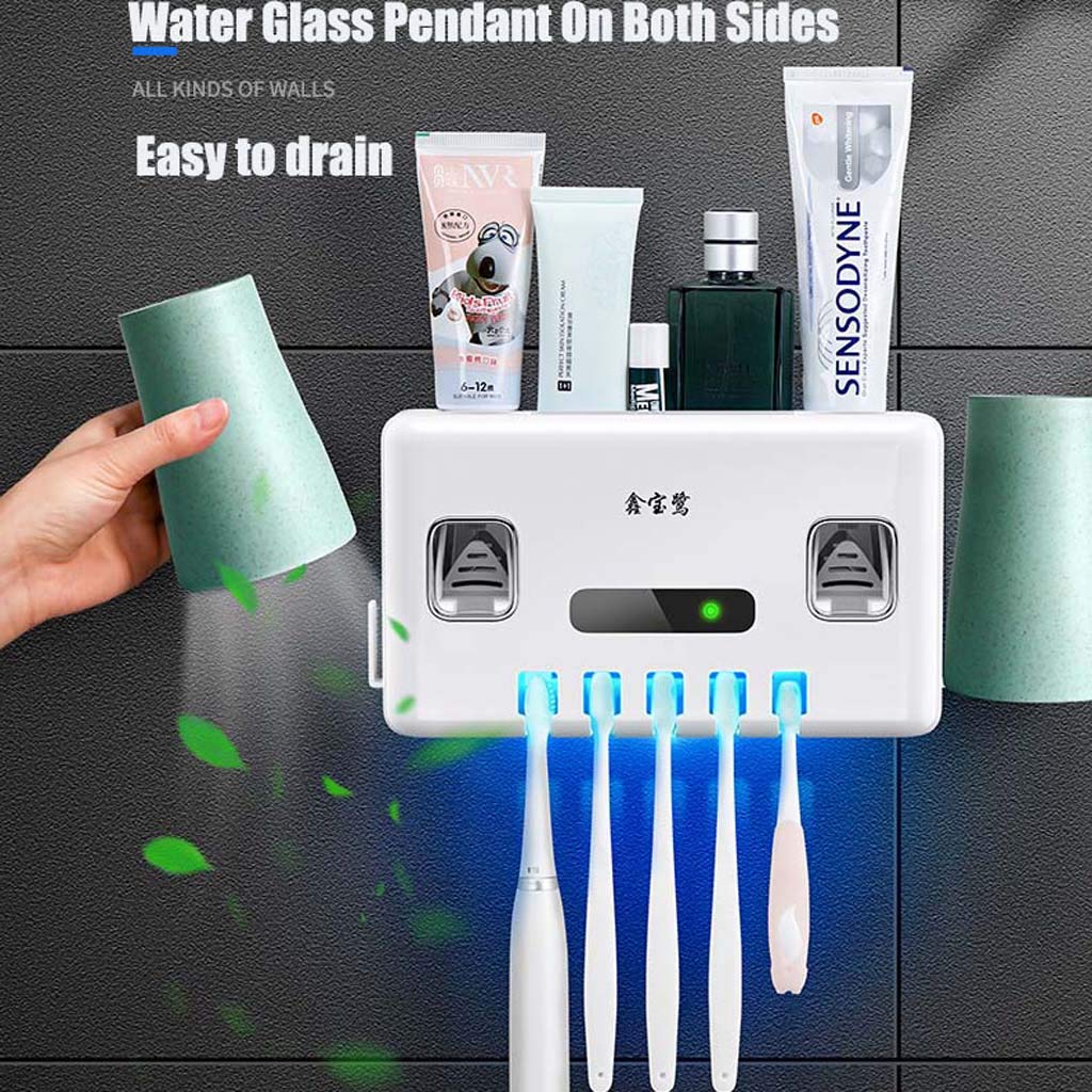 TJH Esterilizador de Cepillo de Dientes eléctrico Inteligente, Secador de esterilización con Cepillo de Dientes UV,Juego de Vasos de Cepillado para Bastidor montado en la Pared -Cuide la Salud bucal