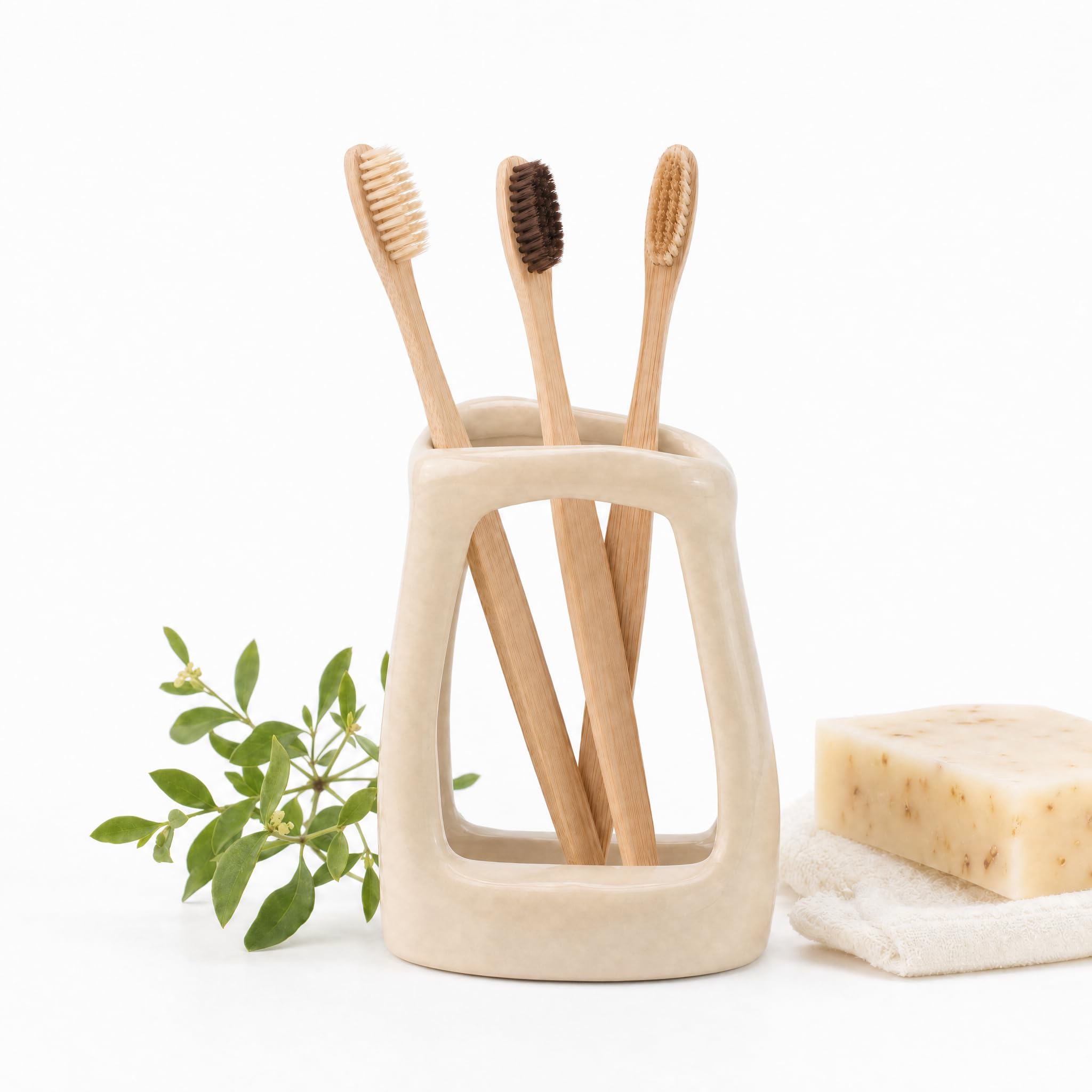 Ceramic Toothbrush Stand Holder with Toothpaste Storage, Desktop Bathroom Organizer Rack, Cream
