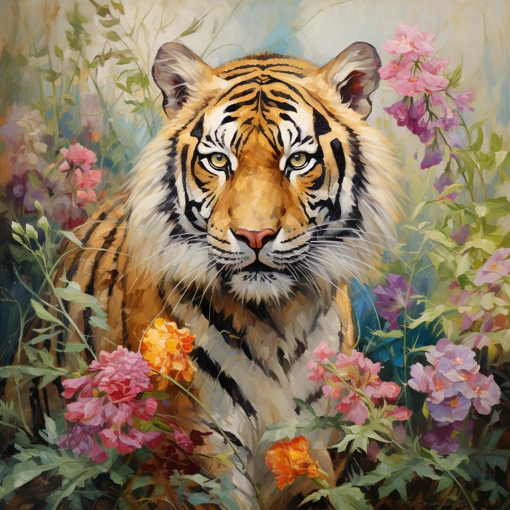 Moohue 14CT Counted Cross Stitch Kits for Adults Animals Tiger Flowers Stamped Cross Stitch Kits for Adults Clearance Cross Stitch Patterns (Animal Tiger and Flowers)