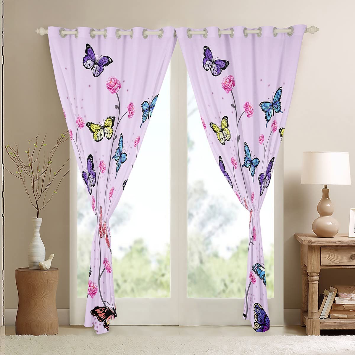 Tende Oscuranti Retrò Con Farfalle Viola Fluo, Set 2 Pannelli 106x114 Cm, Per Camera Da Letto