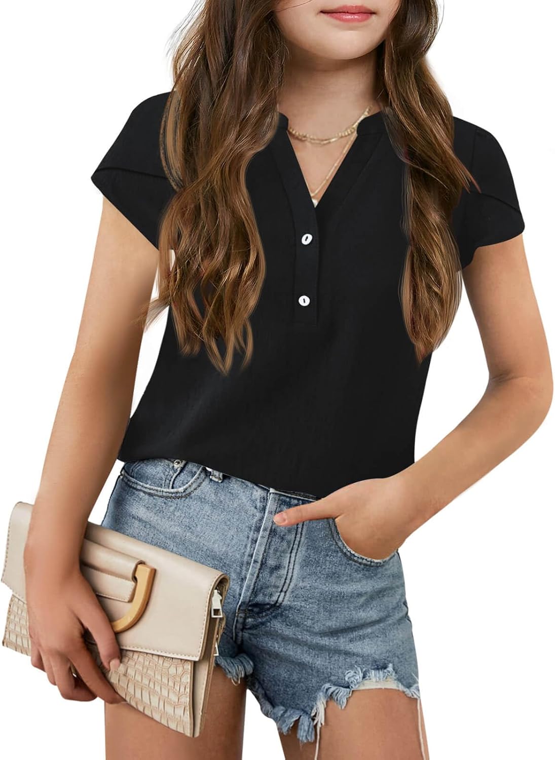 Haloumoning Girls Petal Short Sleeve T Shirts V-Neck Solid Summer Casual Tops for 5-14 Years Haloumoning Girls Petal Short Sleeve T Shirts V-Neck Solid Summer Casual Tops for 5-14 Years