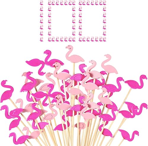 100 palillos de cóctel de flamenco, decoración hawaiana tropical Aloha para fiesta, brochetas de frutas, palillos de alimentos, palillos de dientes
