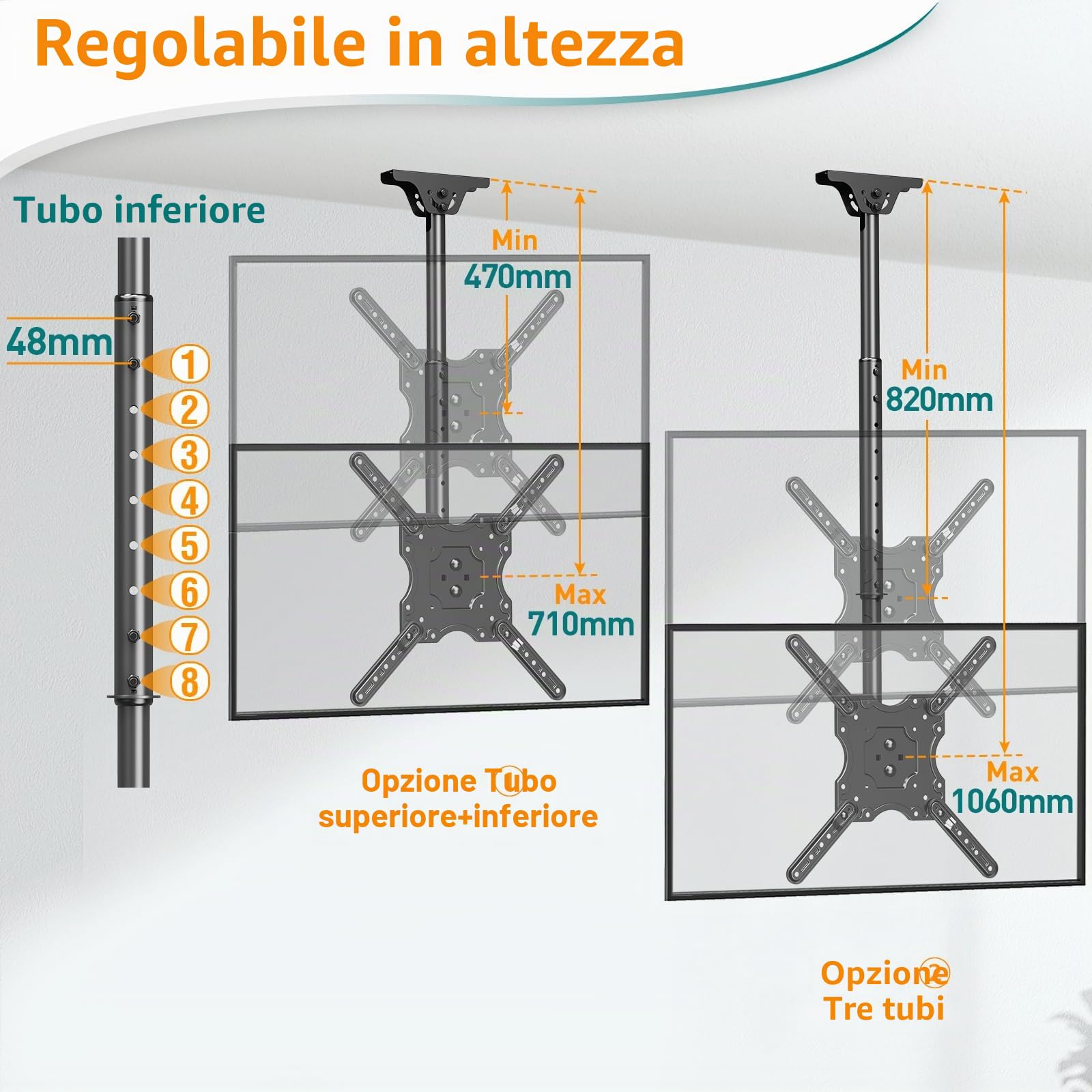 ELIVED Supporto TV arrotolabile, per TV da 23-60", fino a 35 kg, VESA 400 x 400 mm | Supporto TV regolabile in altezza per tetto piatto o inclinato EV3015