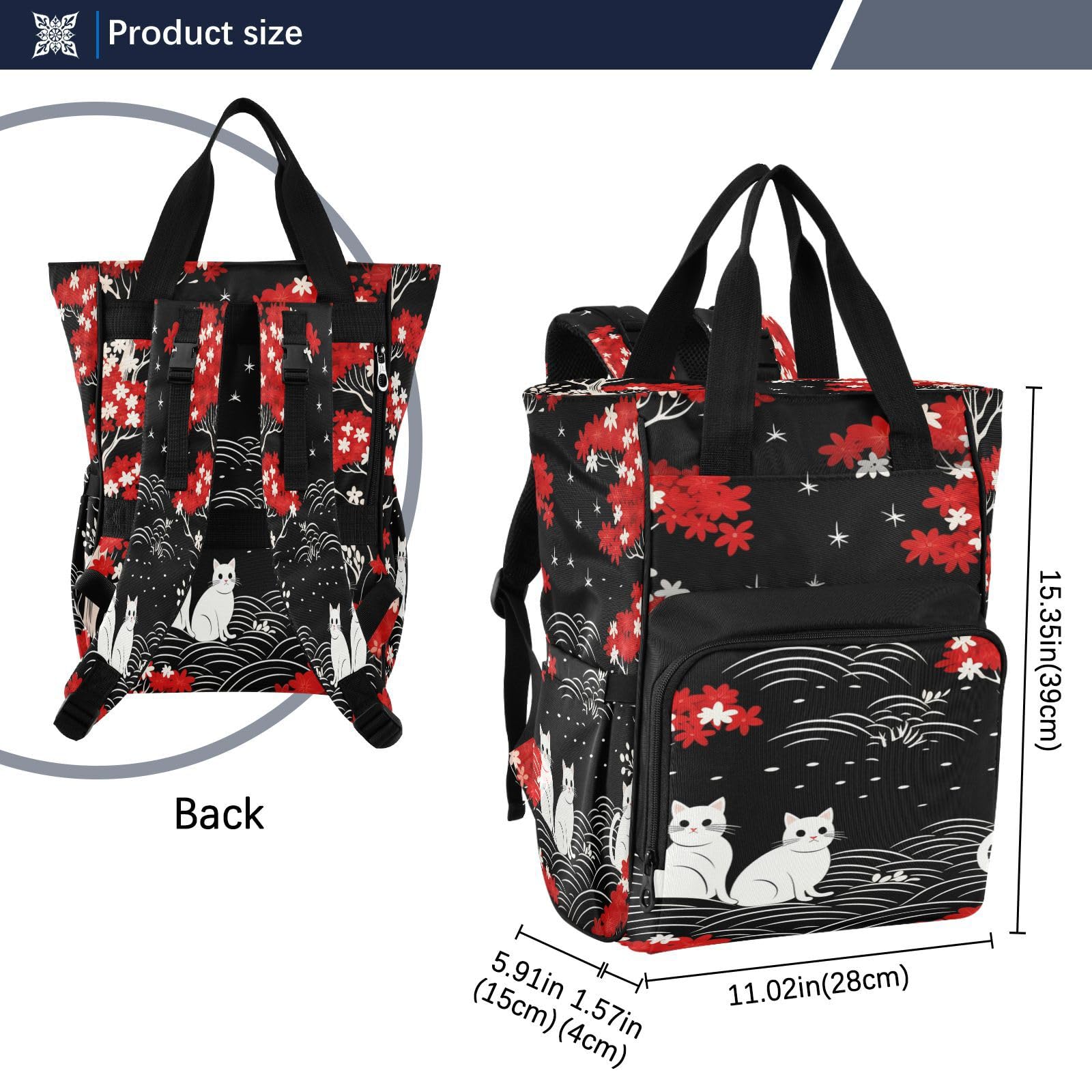 Patrón Repetitivo Gatos Negros Bolsa de Pañales, Mochila de Viaje, Gran Capacidad, Bolsas para Mamá Papá Mujeres Niñas