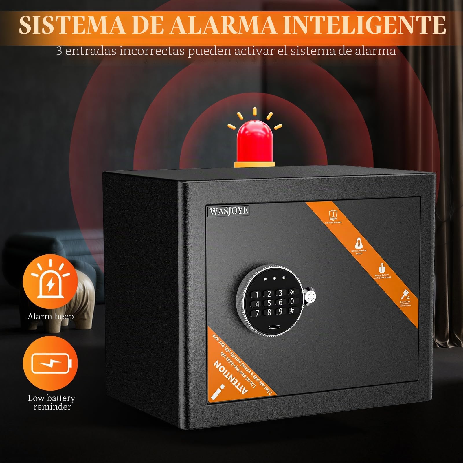 WASJOYE Mini Caja Fuerte - Caja de Seguridad para Niños con Teclado Digital y Cerradura de Llave de Seguridad - Pequeña Caja Fuerte para el Hogar, Negocios, Oficinas, Dinero, Joyas, Pasaportes, 6.6L