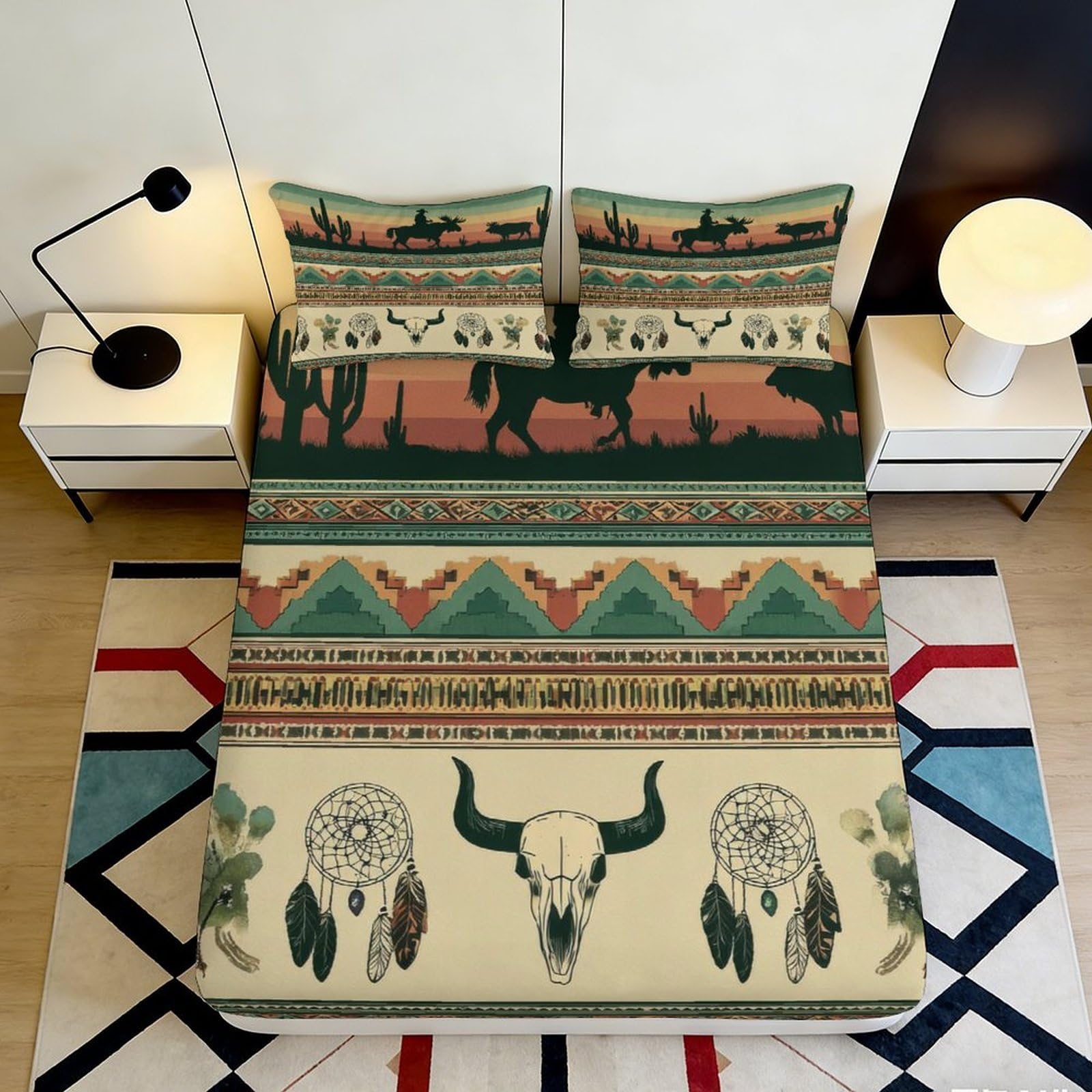 Jqzkxnhpbr Style-10 3D Printed Southwestern Desert Fitted Sheet Microfiber Soft Breathable Tribal Skull Bed Cover For Bedroom Decor 90X200x25cm