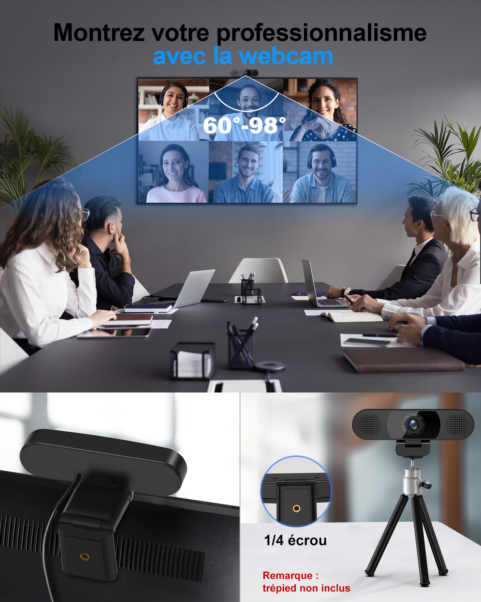 EMEET Webcam C980PRO avec microphone et haut-parleur avec cache objectif, champ de vision à 90°, mise au point automatique, Plug & Play, webcam idéale pour PC, équipes, conférence