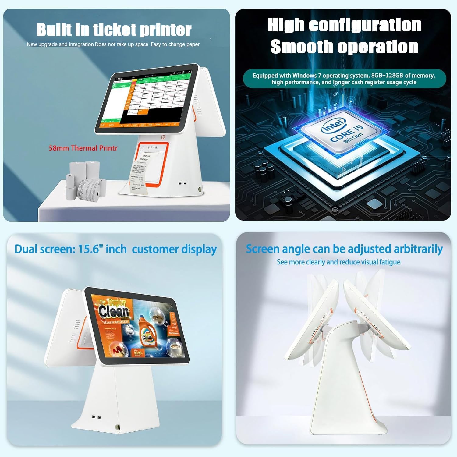 Sistema TPV Todo en uno con Impresora térmica integrada de 58 mm | Paquete completo de caja registradora con pantalla táctil, pantalla for el cliente, cajón efectivo y escáner