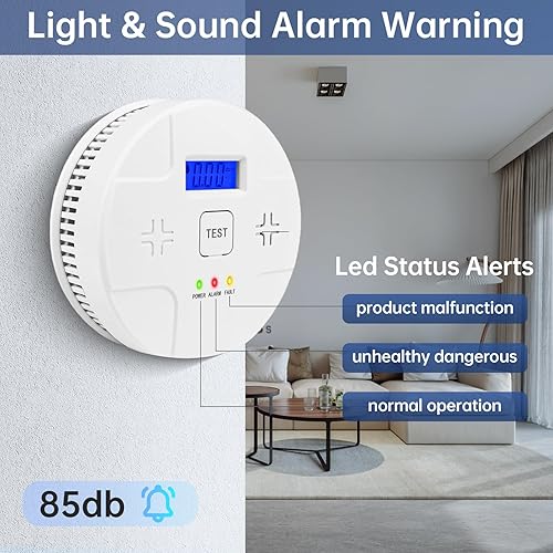Miniatura 3 de Alarmas de humo y monóxido de carbono, combo de detector de humo con pantalla digital LED, alarma de sonido, funciona con pilas, 2 paquetes