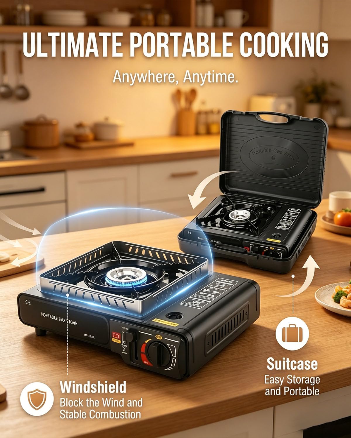 Réchaud à gaz de camping portable avec étui de transport, réchaud de camping coupe-vent avec allumage facile, réchaud à gaz d'extérieur compact pour pique-nique, camping et barbecue