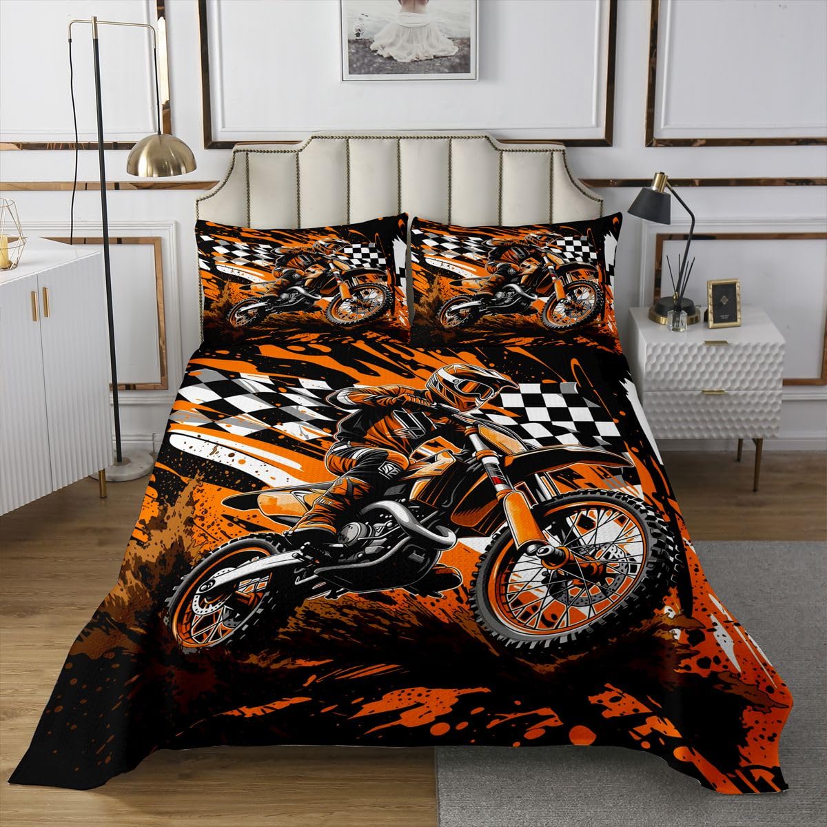 Colcha de moto de cross Manfei tamaño King con 2 fundas de almohada de diseño a cuadros