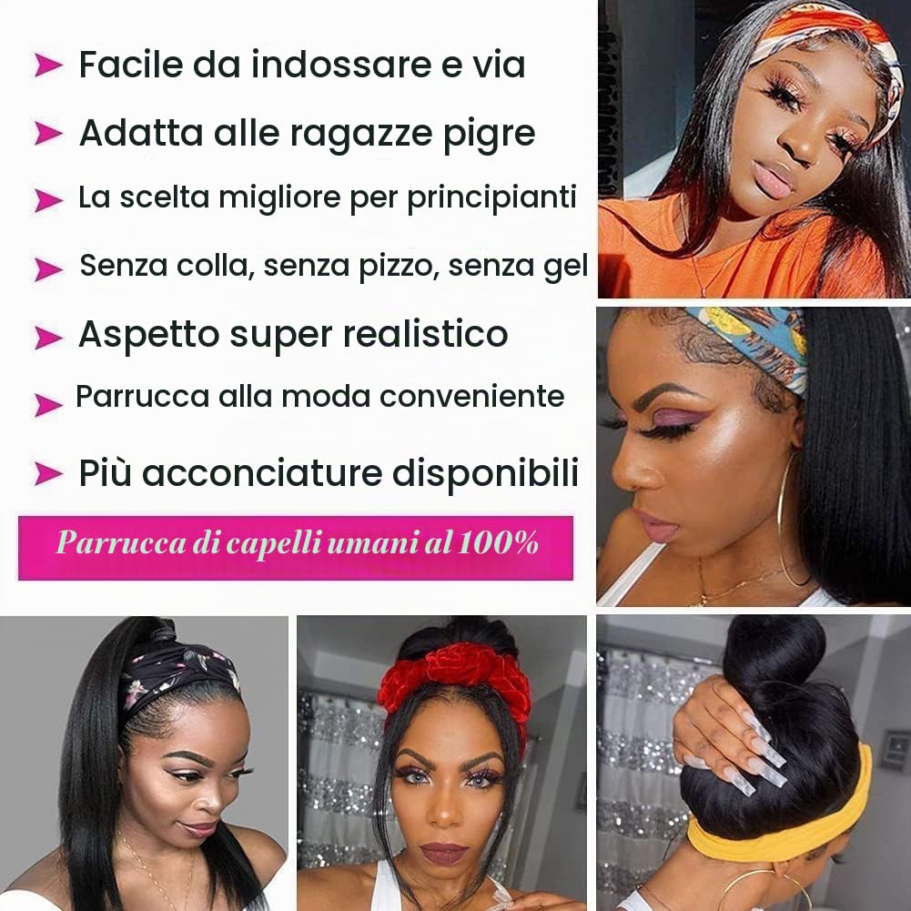 Parrucca Capelli Veri con Fascia Liscia Glueless Parrucca Senza Colla Senza Lace Capelli Naturali Neri Facile da Indossare per Principianti 12 Pollici