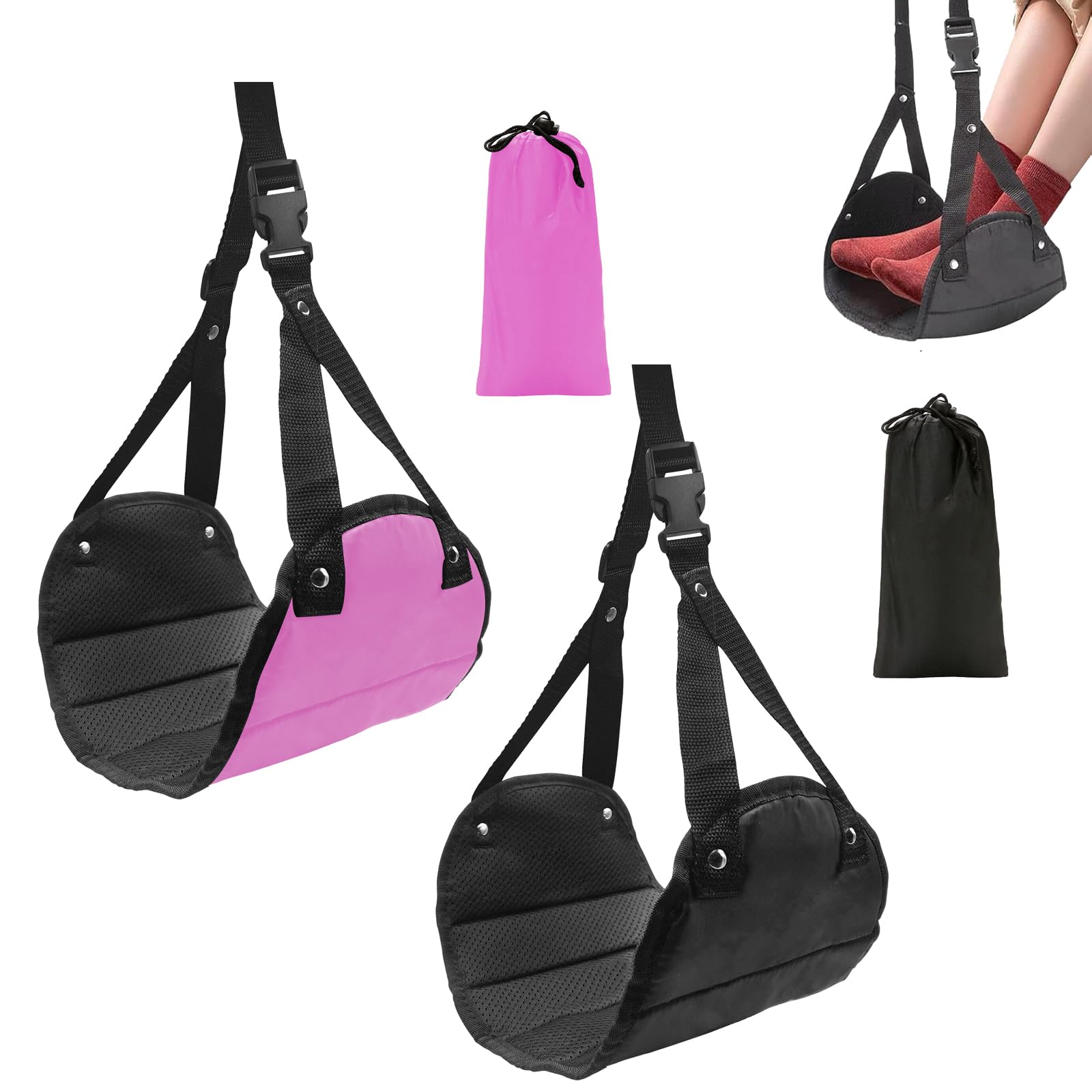 2 Pcs Airplane Foot Rest with Pouch, Foot Hammock for Flight, Portable Leg Hammock for Flight Airplane Travel Accessories Long Flights Home and Office