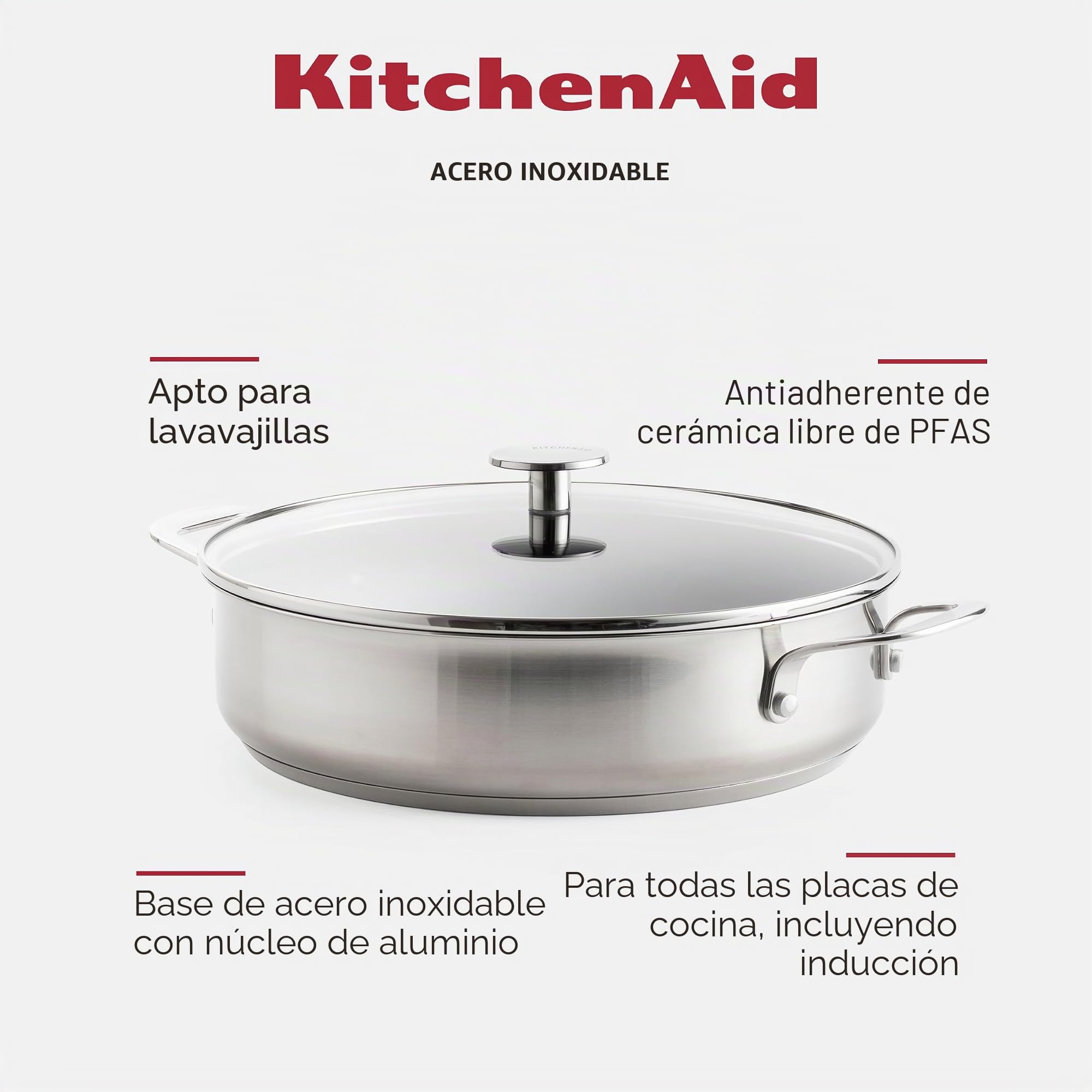 KitchenAid Stainless Steel Sartén Honda de Acero Inoxidable con Cerámica Antiadherente sin PFAS 28cm/4.3 Litros, Inducción, Apta para Horno, Apta para Lavavajillas, Plata