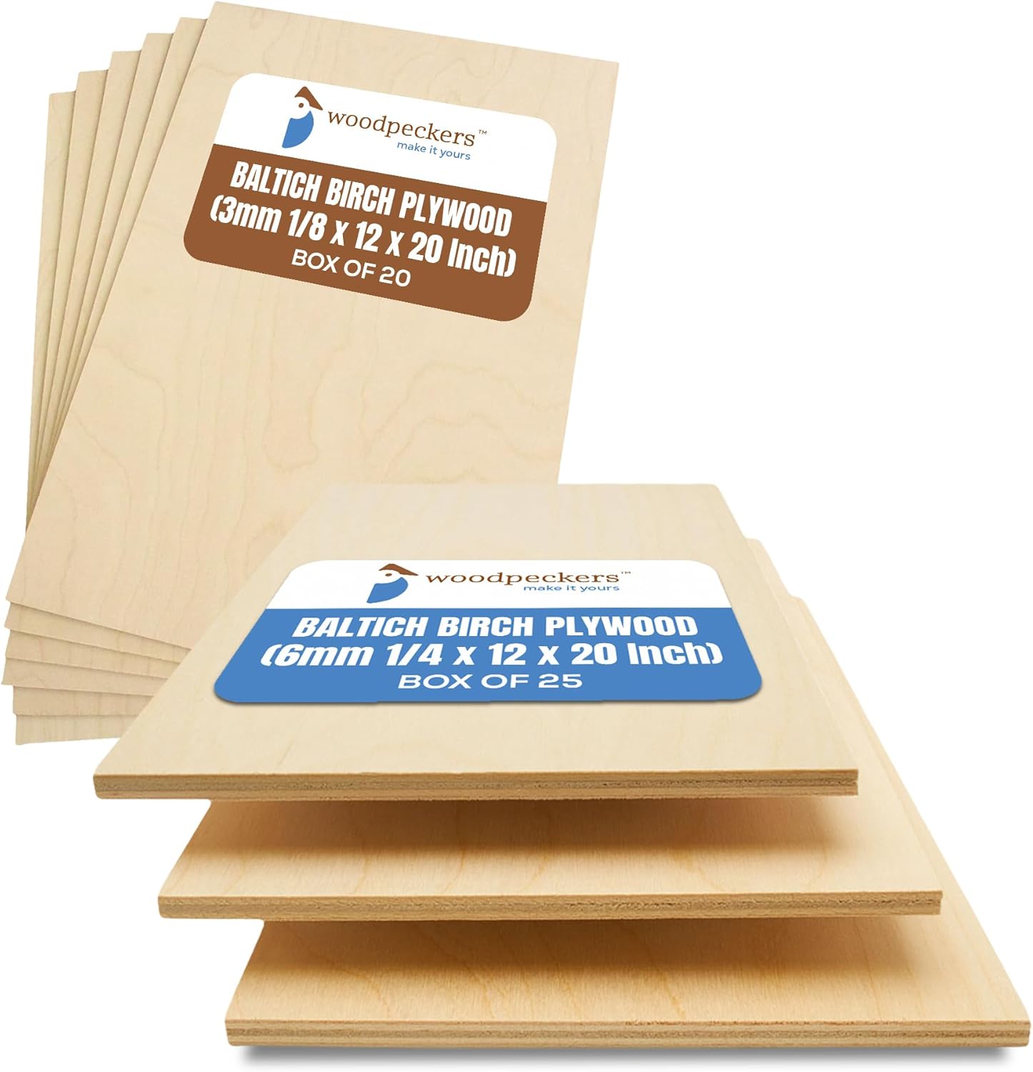 Baltic Birch Plywood, 3 mm 1/8 x 12 x 20 Inch Craft Wood, Pack of 20 B/BB and 6 mm 1/4 x 12 x 20 Inch Craft Wood, Pack of 25 B/BB Grade Baltic Birch Sheets, Perfect for Laser, CNC Cutting and Wood Bur