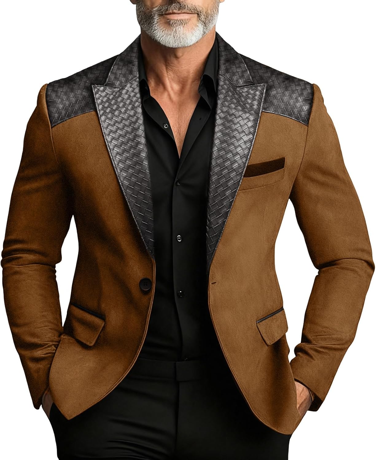 Men's Vintage Brown Suede Blazer with Leather Trim | Classic Fit Business Casual Sport Coat