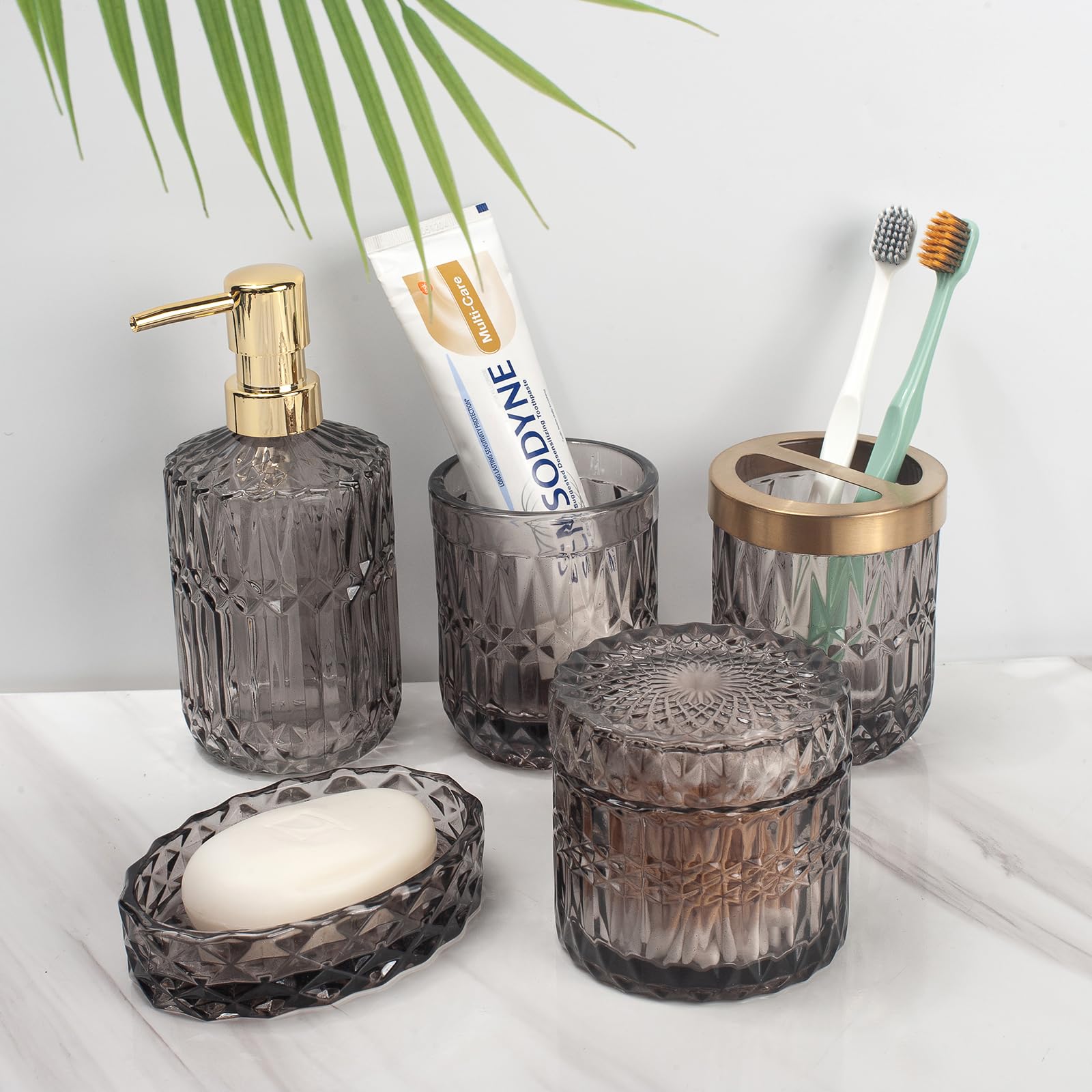 5PCS Grey Glass Bathroom Accessories Sets of Lotion Dispenser, Soap Dish, Toothbrush Holder, Tumbler, Cotton Swab Jars - Image 3