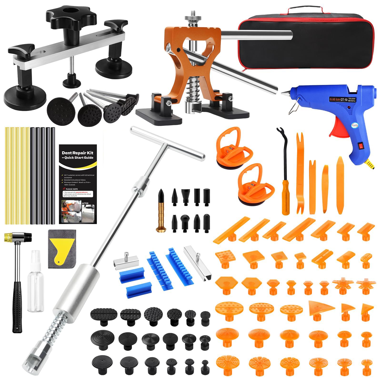 Kit de réparation de Bosses sans Peinture - Kit d'extracteur de Bosses de Voiture avec Marteau Coulissant, Barre en T, extracteur de Pont, Ventouse, extracteur de Colle et Pistolet - Outil