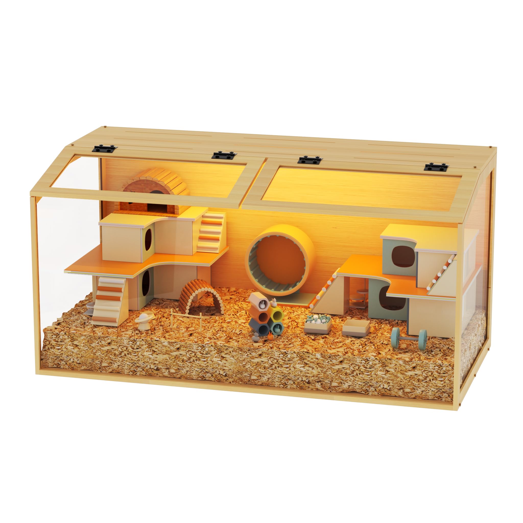 BingoPaw Hamsterkäfig Nagerkäfig aus Holz und Gehärtetes Glas, Kleintierkäfig mit Klappbarem Deckel, robust Kükenaufzuchtbox für Küken Hamste kausicheres Zwerghamster, XL 100 x 50 x 50 cm, Natur