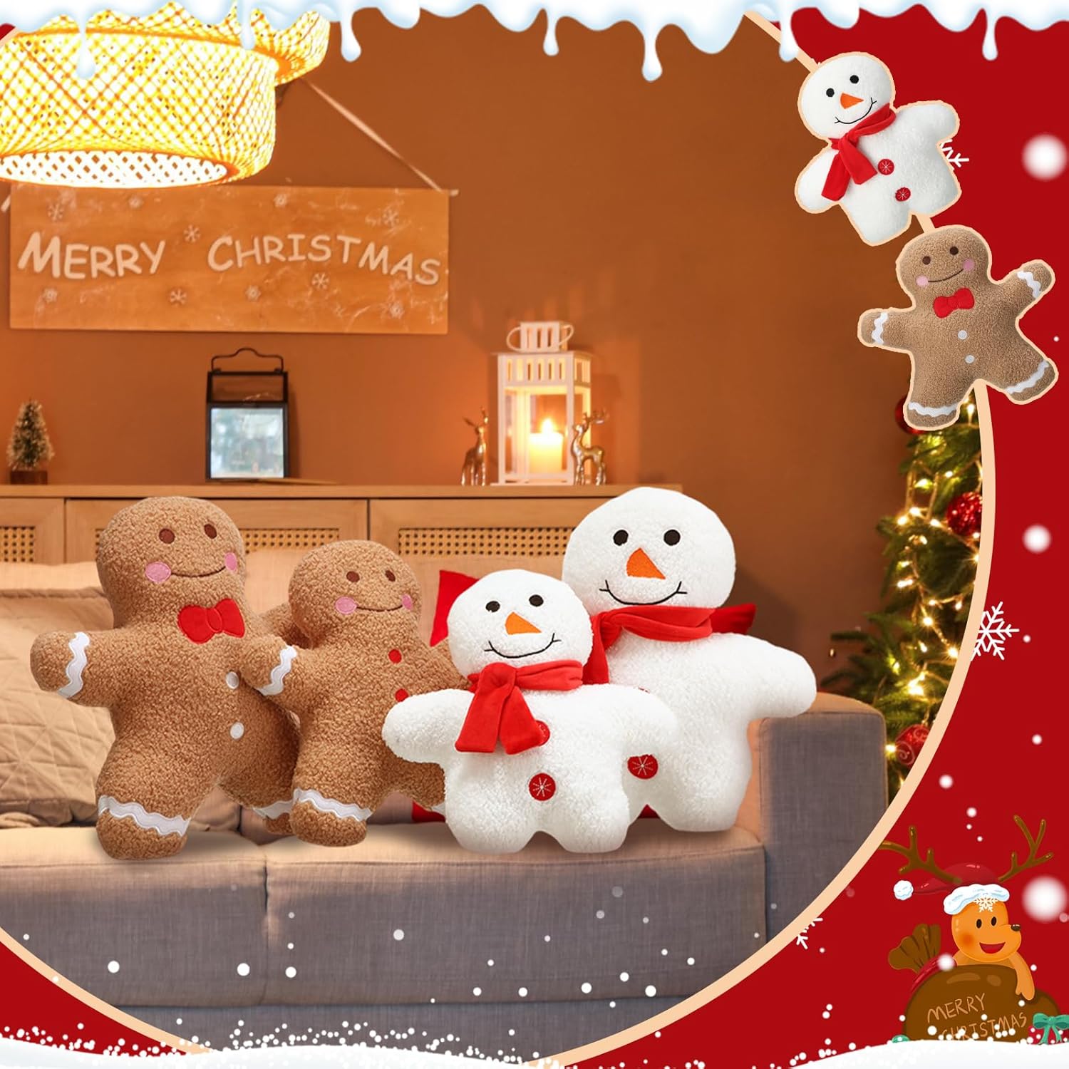 4 Pcs Christmas Pillows Gingerbread Man Snowman Throw Pillows Stuffed Snowman Gingerbread Shaped Pillow Cute Decorative Pillow for Christmas Party Home Cushion Bed Decorations