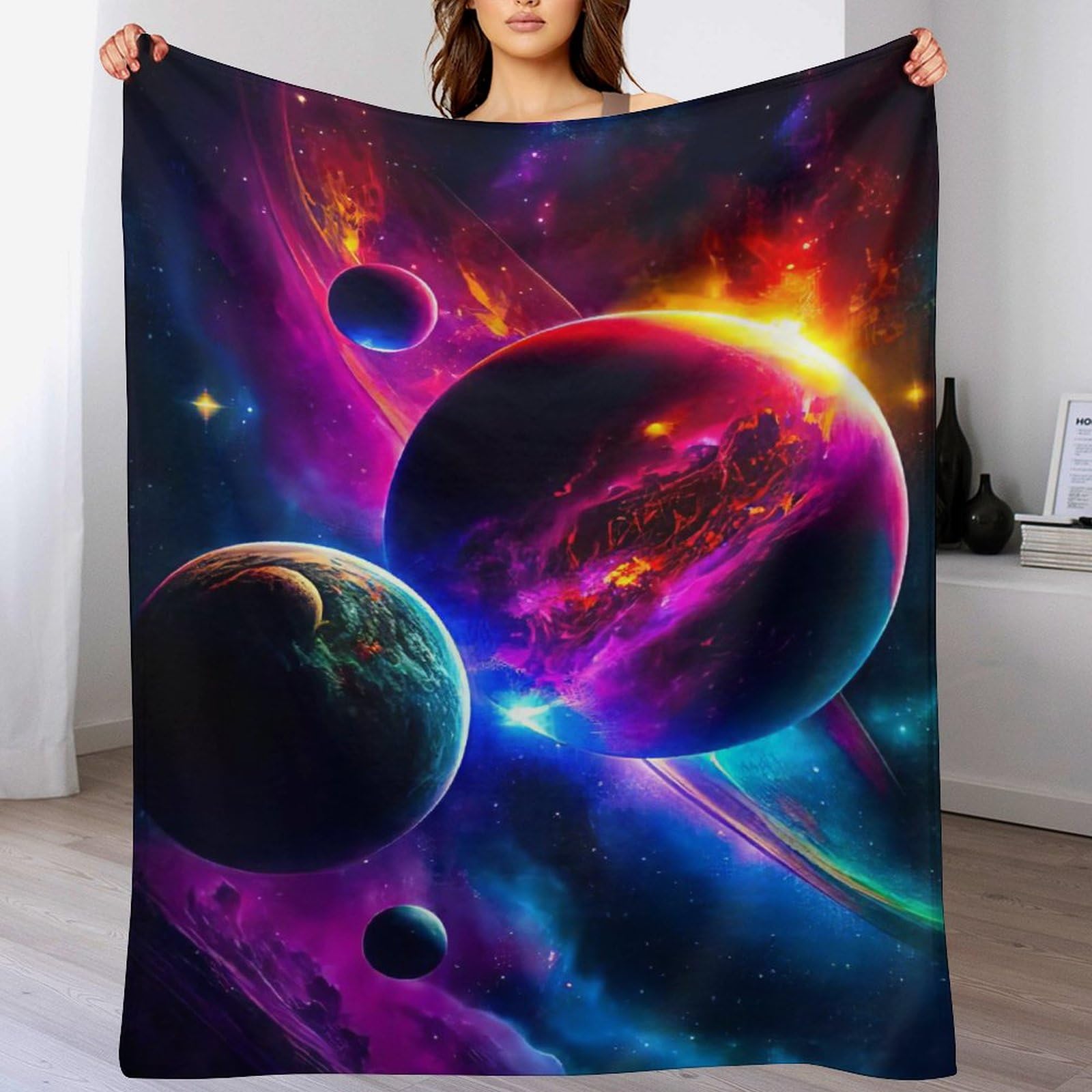 Couverture polaire en peluche ultra luxueuse motif planètes flannel premium