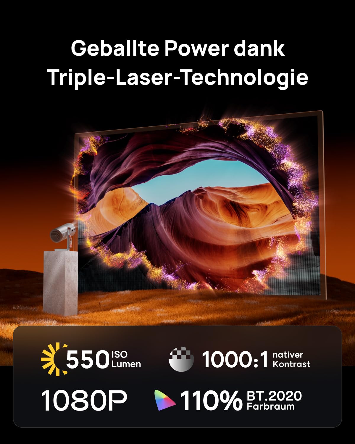 XGIMI MoGo 4 Laser Handy Beamer mit Akku, 550 ISO-Lumen, Outdoor Mini Projektor mit 360° Ständer, 2,5 Std Wiedergabe, Google TV & Netflix, Harman Kardon Sound, inkl. 4 Filter
