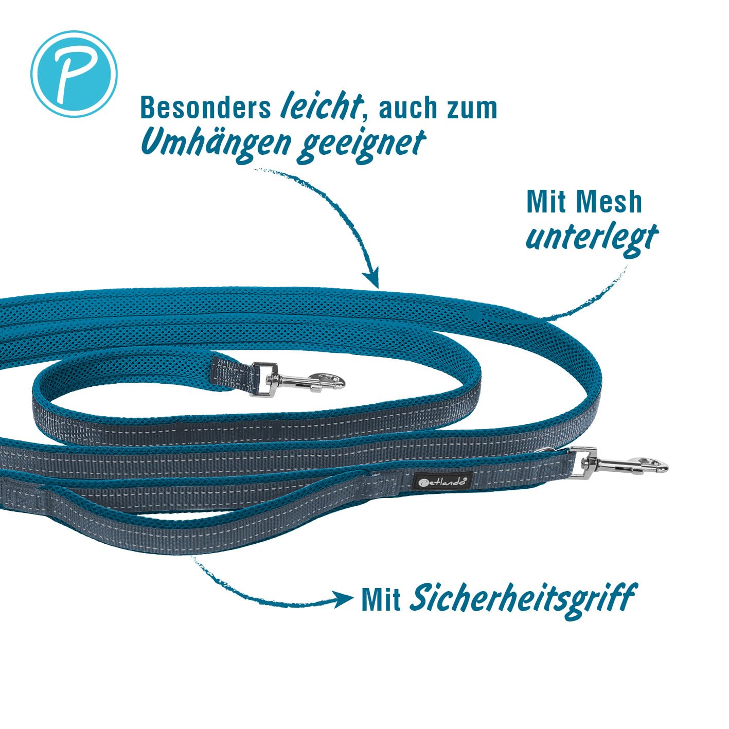 Petlando Hundeleine Outdoor mit Sicherheitsgriff, Petrol, 300x3cm | Für große Hunde, 3-fach verstellbare Führleine, reflektierend, weiche Mesh-Polsterung, starke Karabiner, Umhängeleine