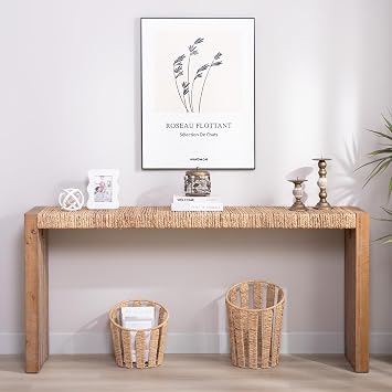 69" Natural Seagrass Sofa Table Handwoven Boho Console Table with Engineered Wood Base for Entryway, Hallway, or Living Room