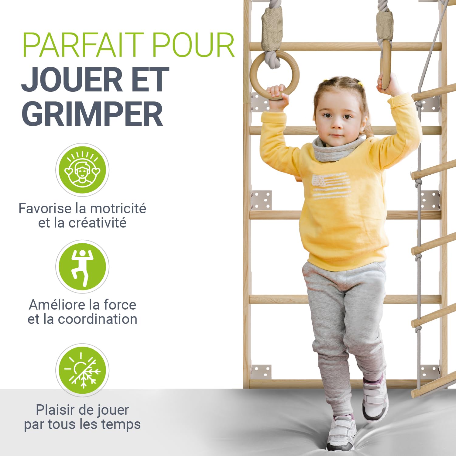 Juskys Espalier pour Enfants - avec Barre de Traction, Structure d'escalade intérieure avec Anneaux de Gymnastique et échelle de Corde, Mur d'escalade pour Chambre d'enfant, Barre de Sport