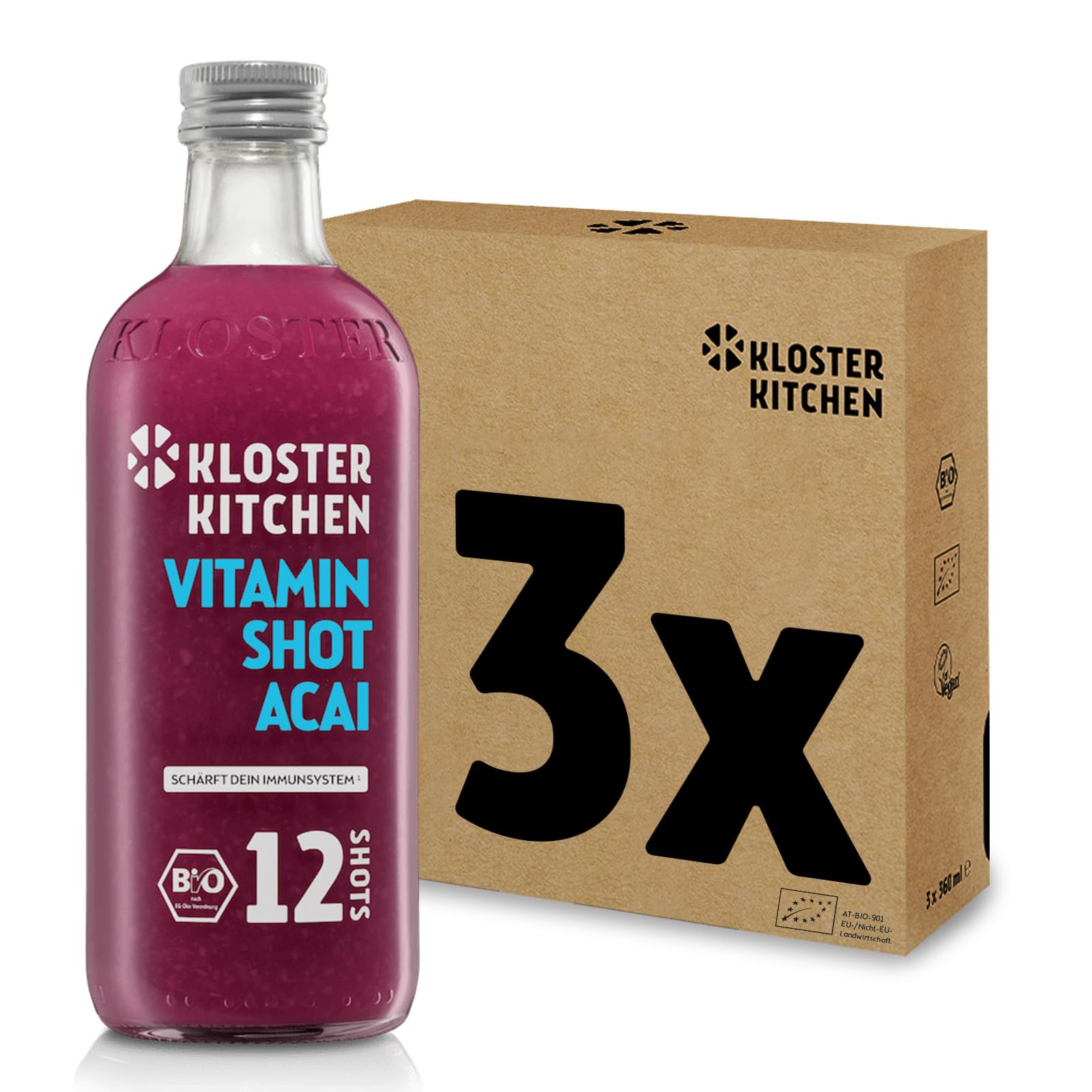 Kloster Kitchen Vitamin Shot Bio Acai 12SHOTS 3x 360 ml con trozos de jengibre auténtico I Ginger Shot botella de vidrio vegana dulce y picante sin aditivos (incl. 0,75 euros de fianza única)