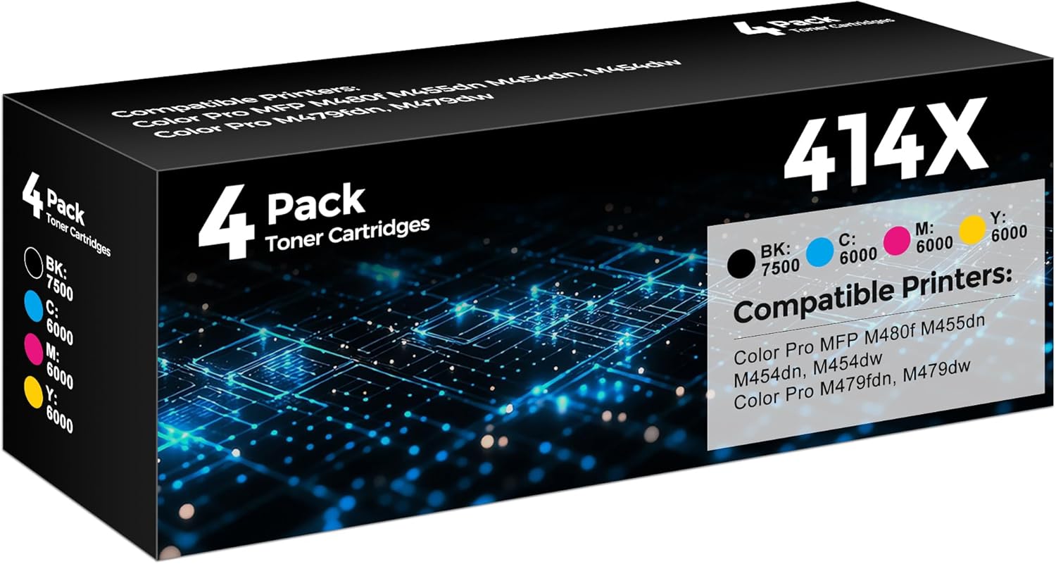 414A Toner Cartridges 4 Pack Compatible with HP 414A W2020A 414X W2020X Toner (with Chip) Works for Pro MFP M479fdw M454dw M454dn M455dn M479fdn Printer (4 Pack,1BK+1C+1M+1Y)