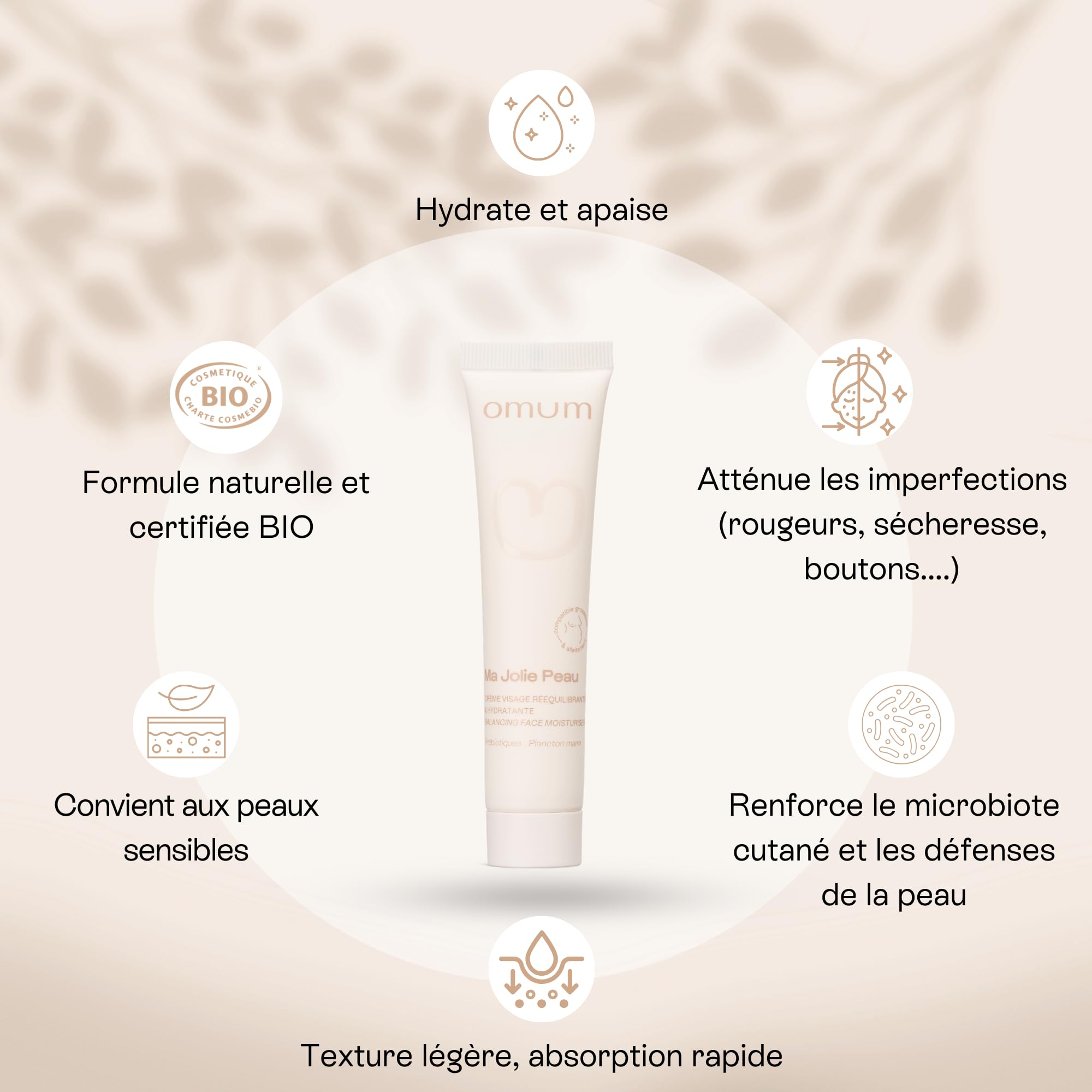 OMUM - Ma Jolie Peau - Crème visage rééquilibrante & hydratante aux prébiotiques naturels - Peaux mixtes et peaux fragilisées - Anti rougeur et anti bouton - Compatible grossesse - Vegan - 40 ml